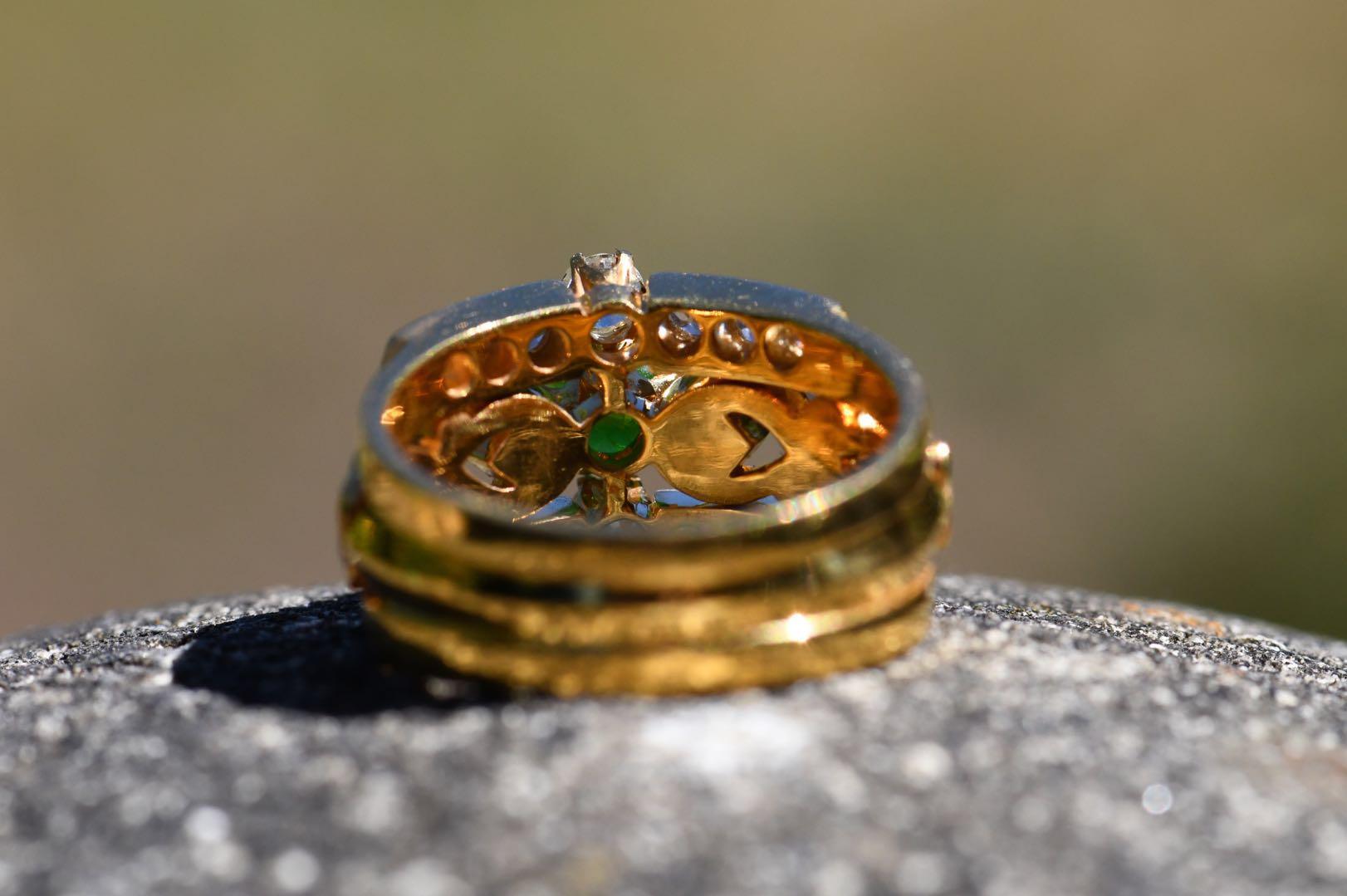 Oval Cut Art Nouveau Style 18 Karat Gold Demantoid Garnet and Diamond Ring