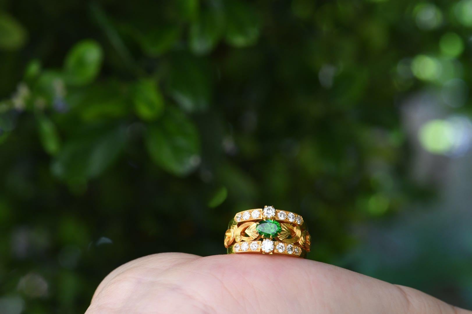 Women's Art Nouveau Style 18 Karat Gold Demantoid Garnet and Diamond Ring