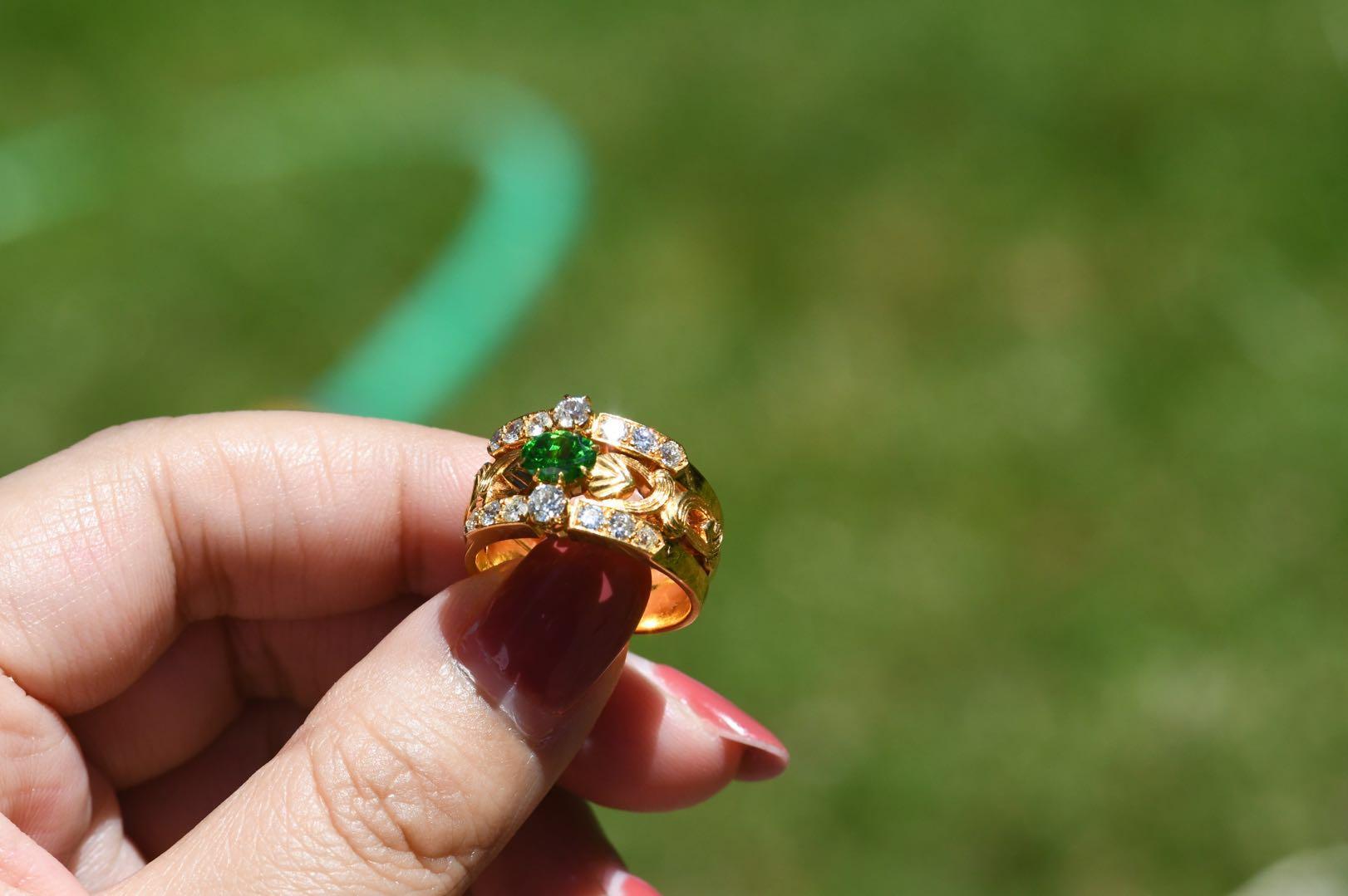 Art Nouveau Style 18 Karat Gold Demantoid Garnet and Diamond Ring 1
