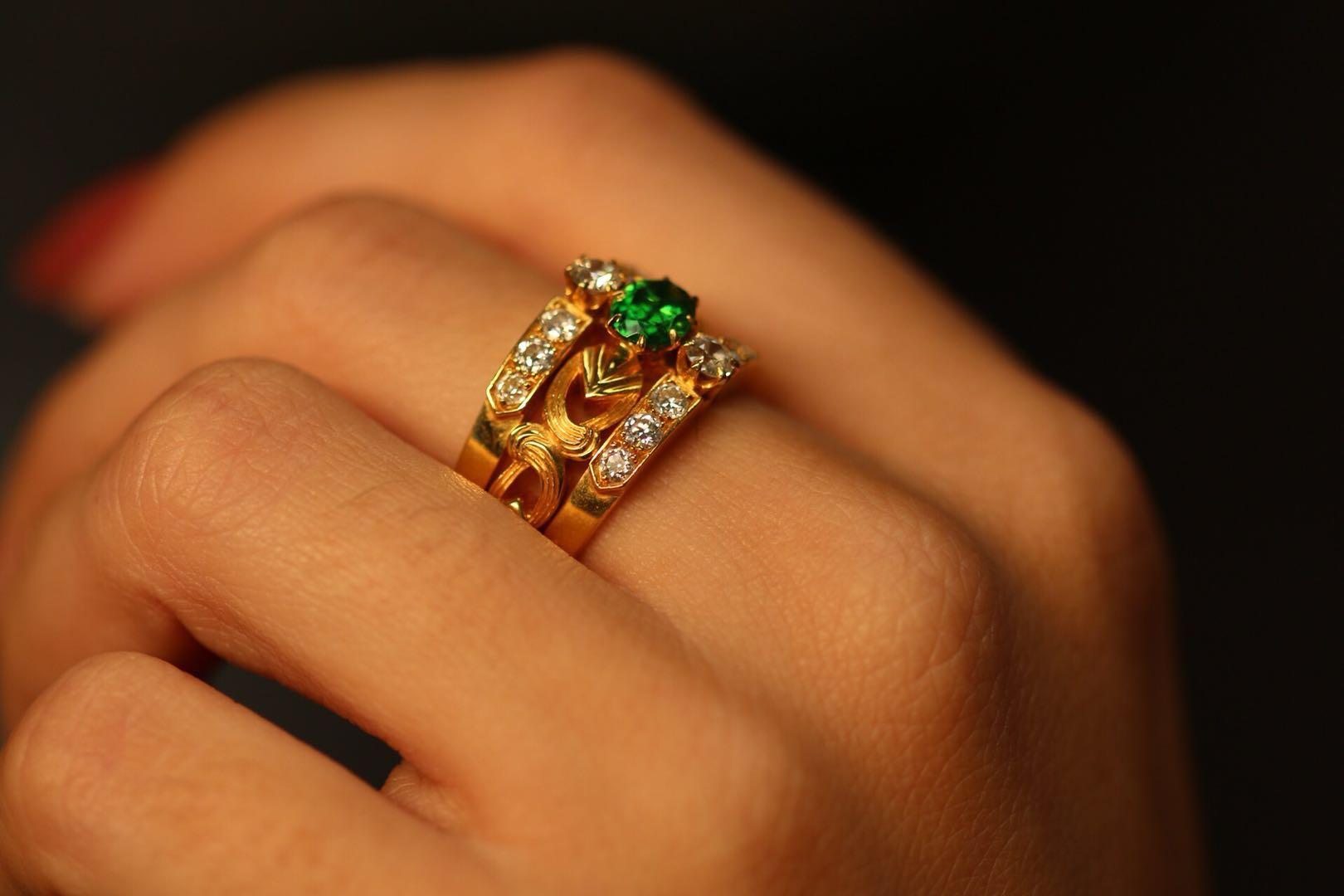 Art Nouveau Style 18 Karat Gold Demantoid Garnet and Diamond Ring 1
