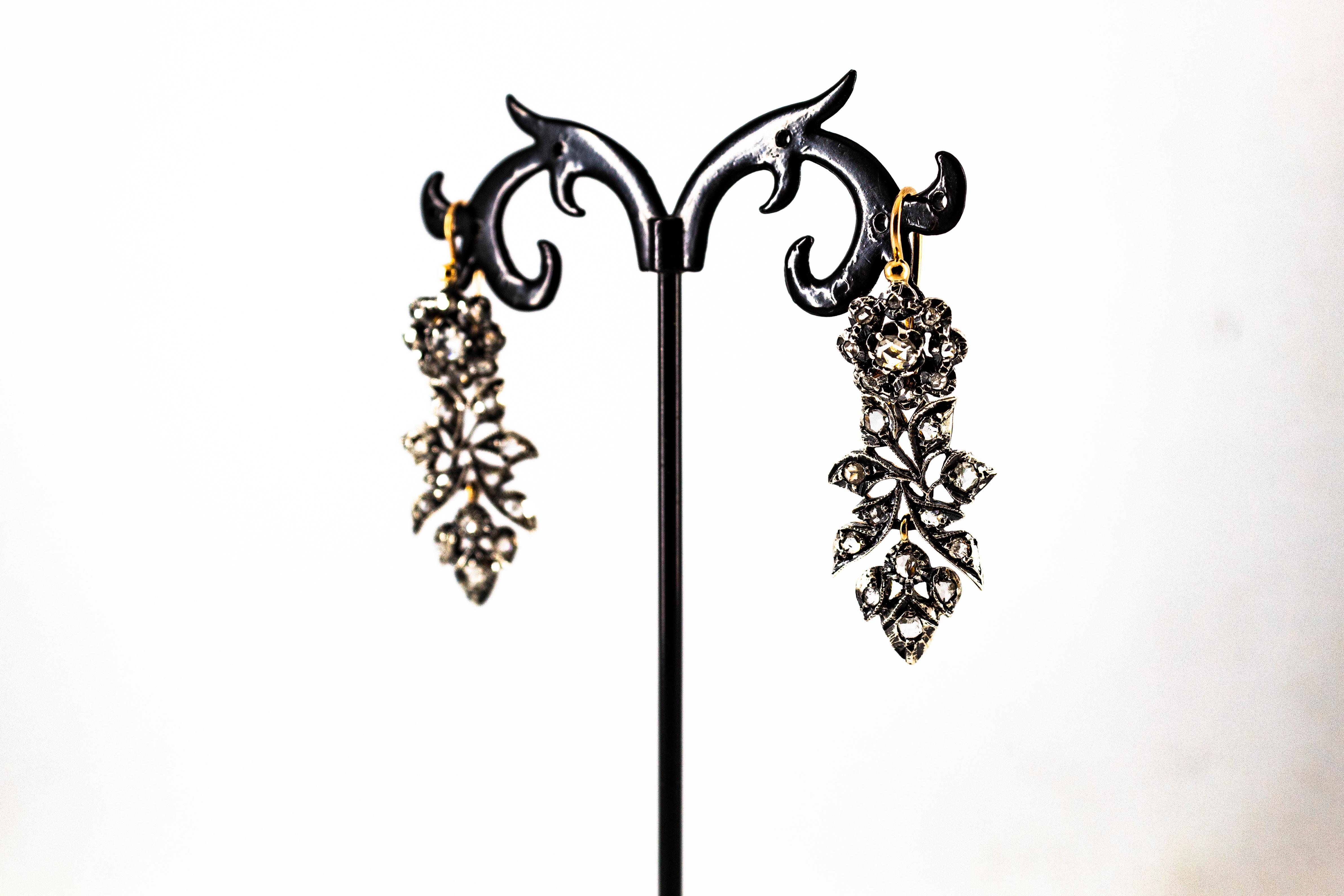 Art Nouveau Style 1.80 Carat White Rose Cut Diamond Yellow Gold Drop Earrings For Sale 14