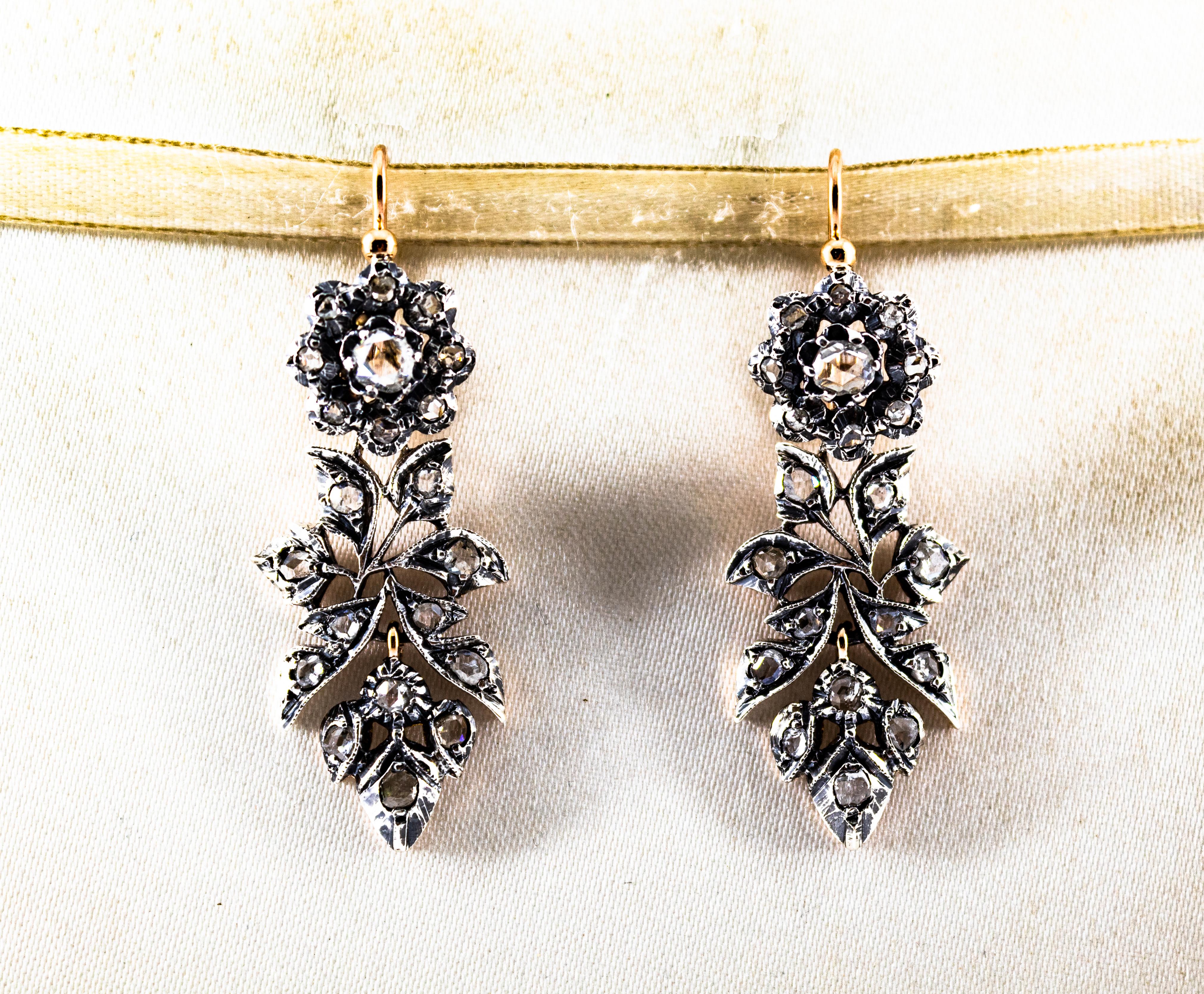 Art Nouveau Style 1.80 Carat White Rose Cut Diamond Yellow Gold Drop Earrings For Sale 1