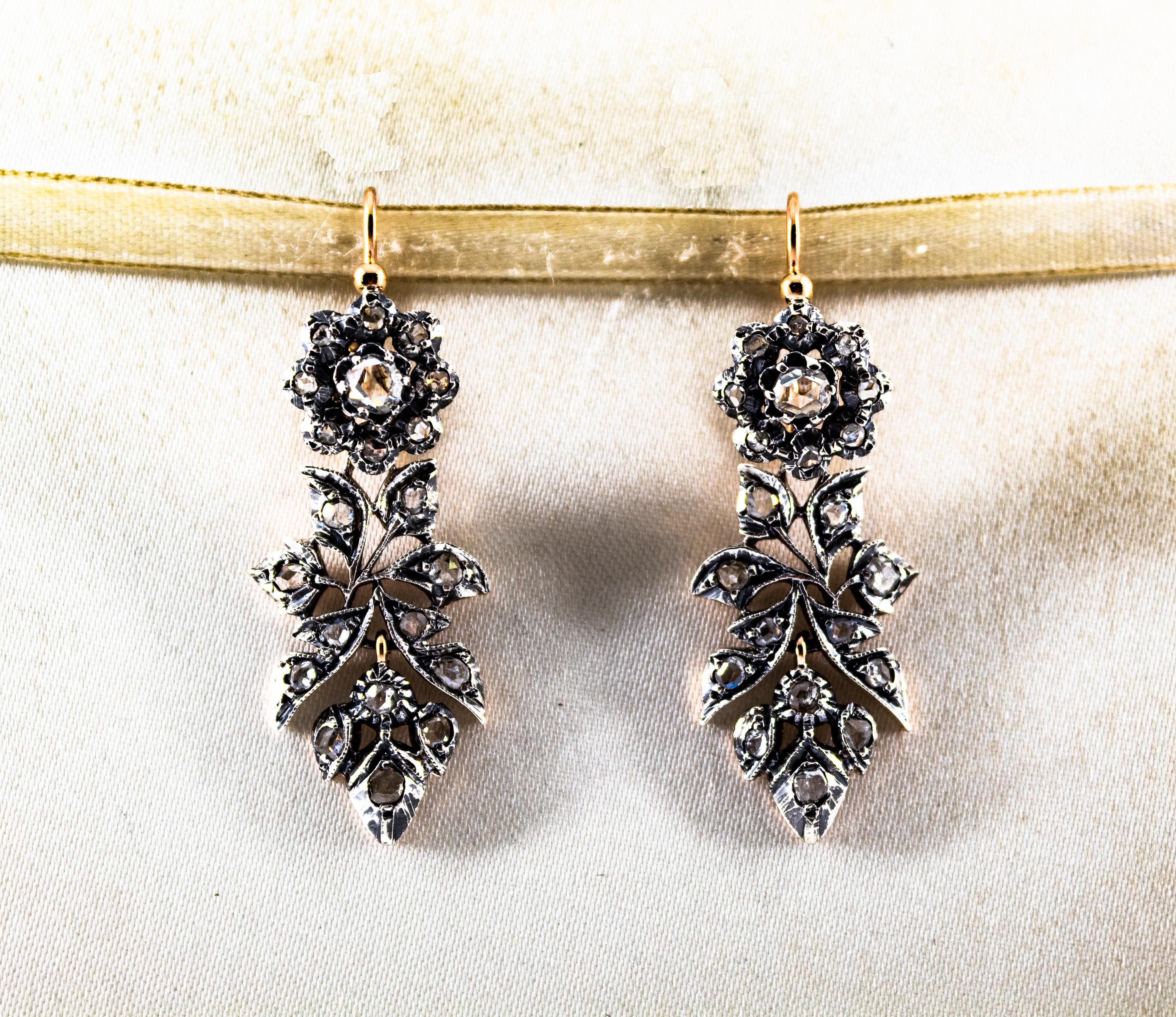 Boucles d'oreilles en goutte de style Art nouveau en or jaune avec diamants blancs taille rose de 1,80 carat en vente 1