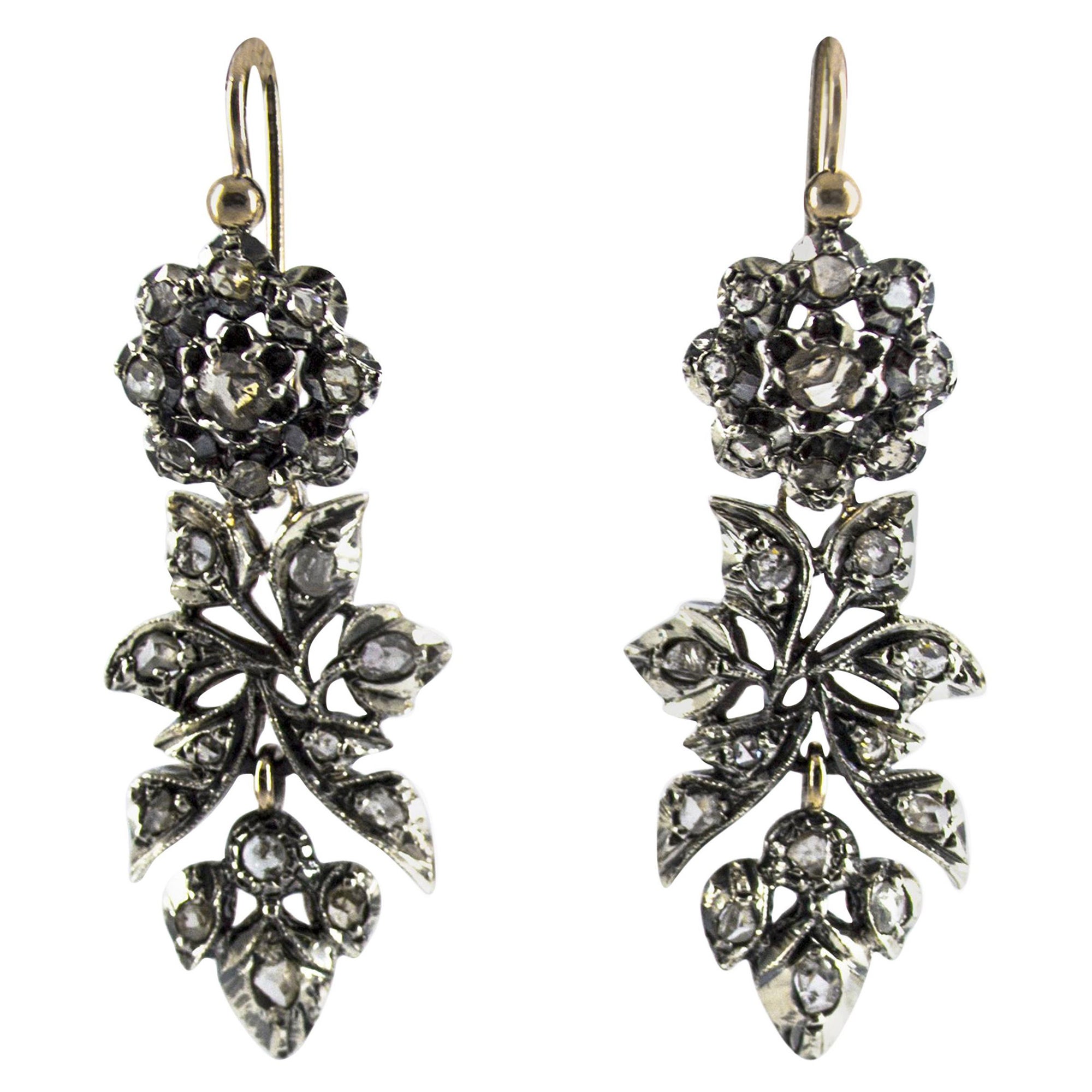 Art Nouveau Style 1.80 Carat White Rose Cut Diamond Yellow Gold Drop Earrings For Sale
