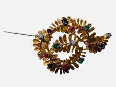 Art Nouveau Style 18K Gold and Gemstones Brooch