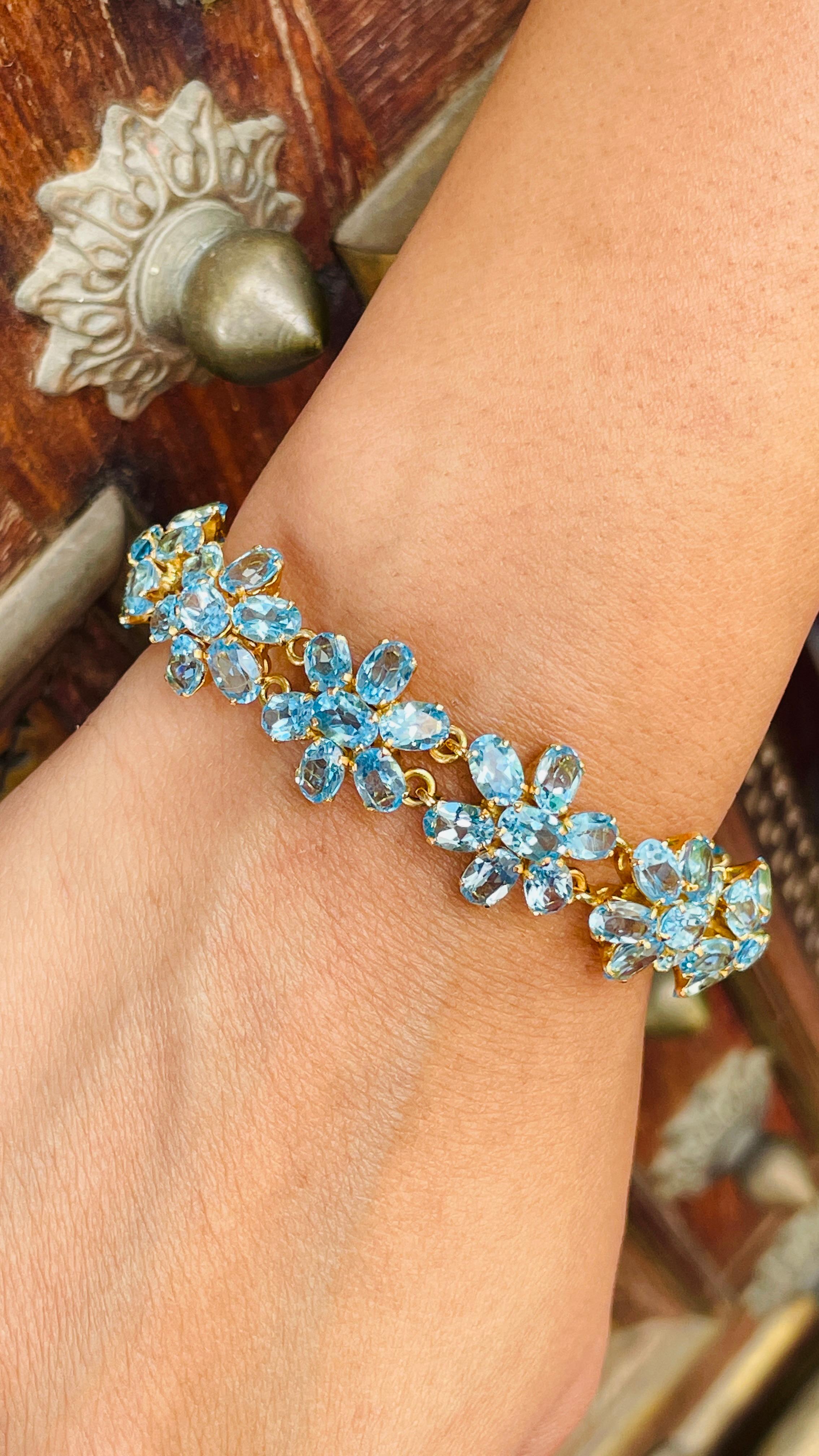 Art Nouveau Style 18k Solid Yellow Gold 38.1 CTW Blue Topaz Flower Bracelet For Sale 5