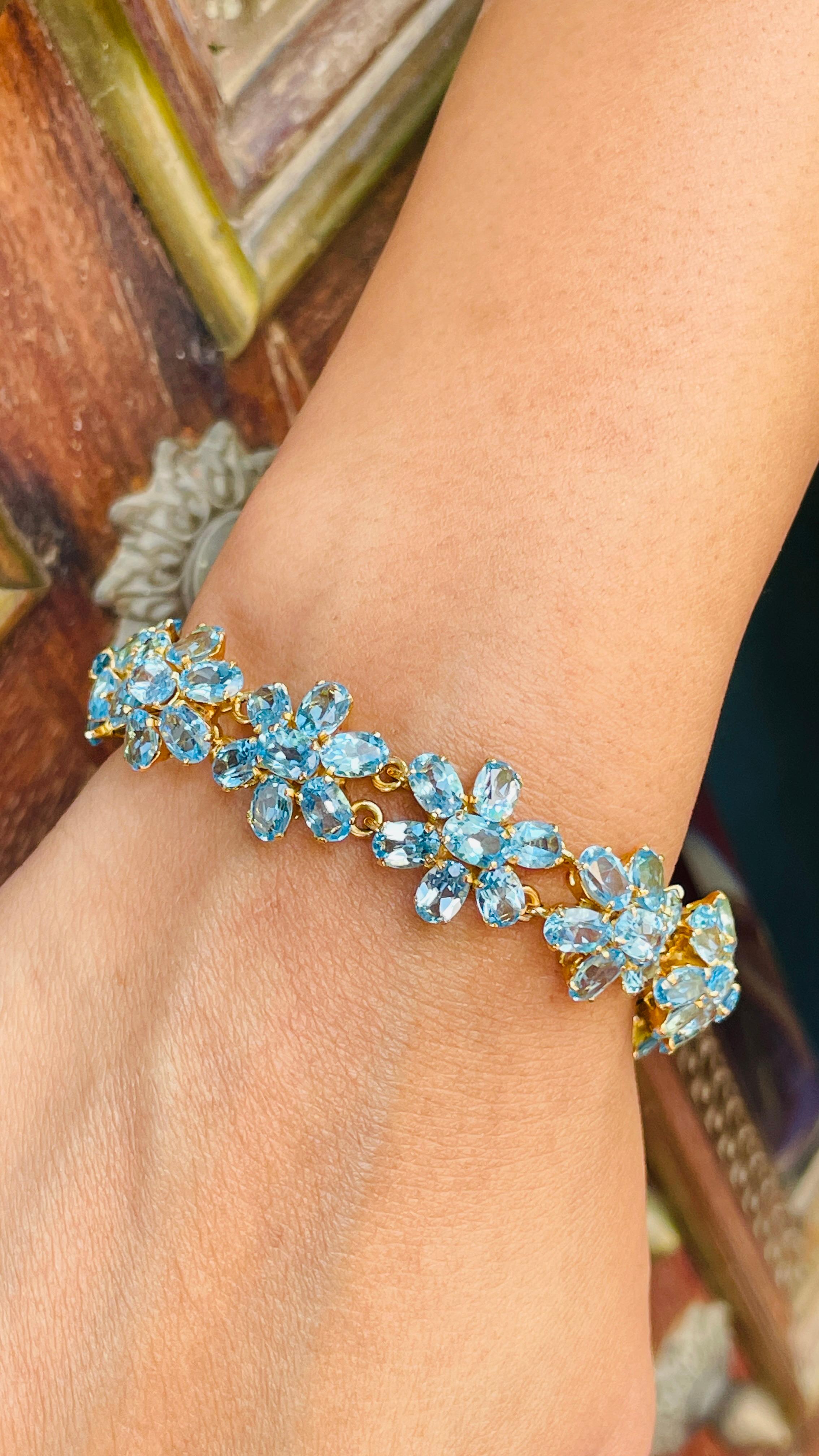 Art Nouveau Style 18k Solid Yellow Gold 38.1 CTW Blue Topaz Flower Bracelet For Sale 6