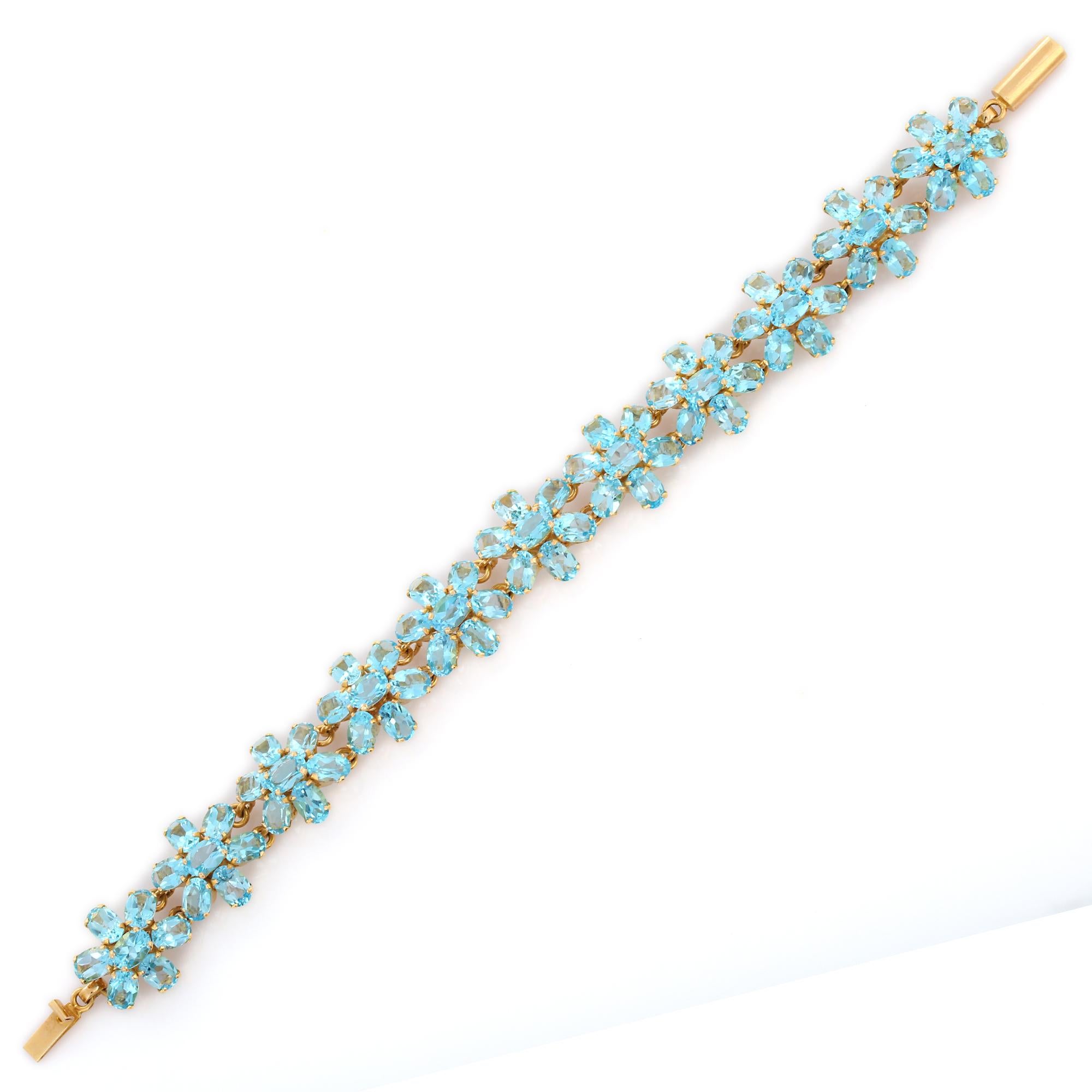 Oval Cut Art Nouveau Style 18k Solid Yellow Gold 38.1 CTW Blue Topaz Flower Bracelet For Sale