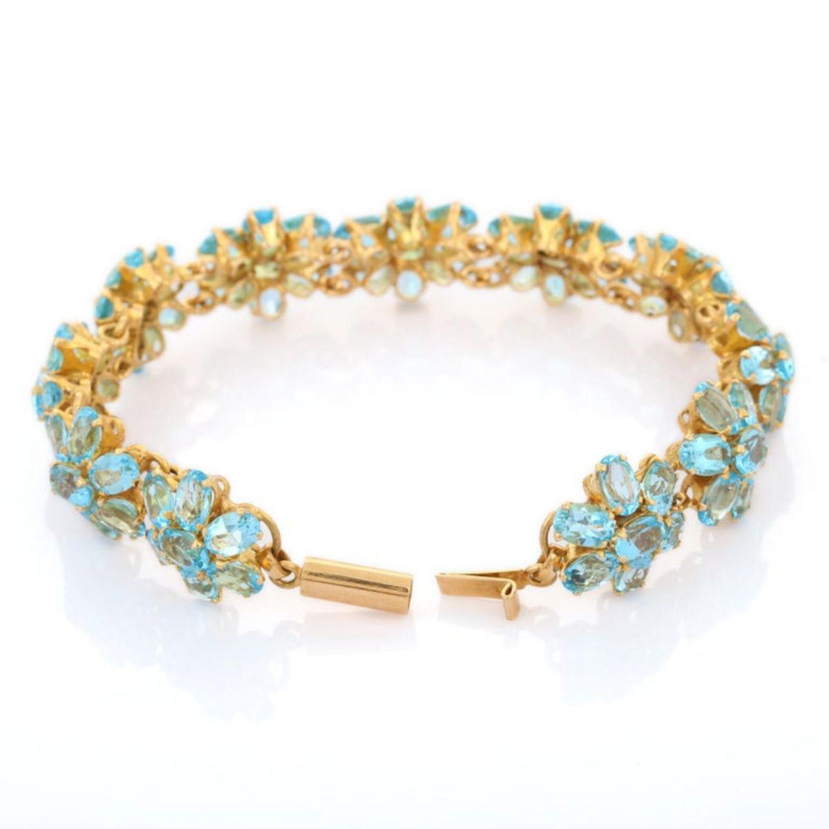 Oval Cut Art Nouveau Style 18k Solid Yellow Gold 38.1 CTW Blue Topaz Flower Bracelet For Sale