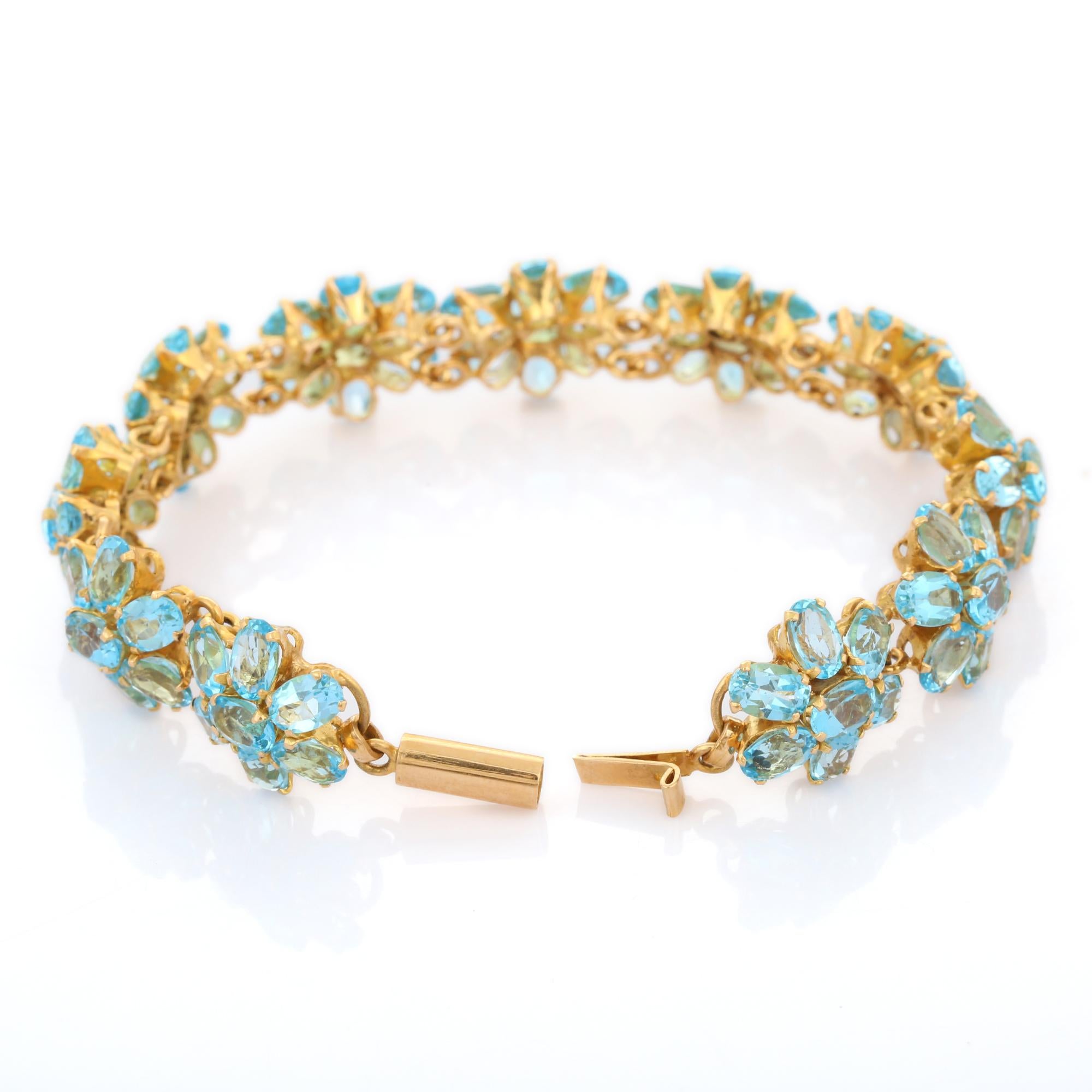 Women's Art Nouveau Style 18k Solid Yellow Gold 38.1 CTW Blue Topaz Flower Bracelet For Sale
