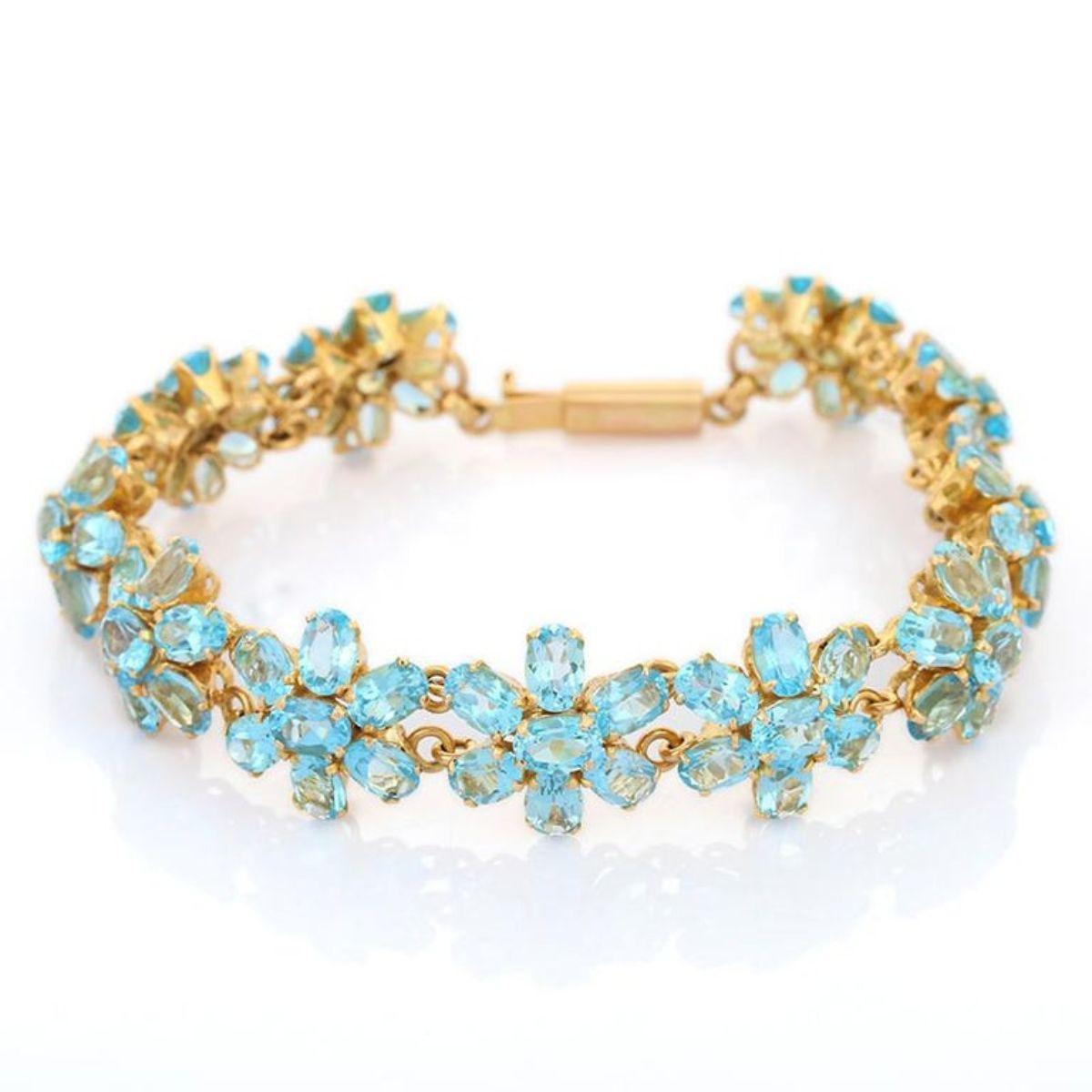 Women's Art Nouveau Style 18k Solid Yellow Gold 38.1 CTW Blue Topaz Flower Bracelet For Sale