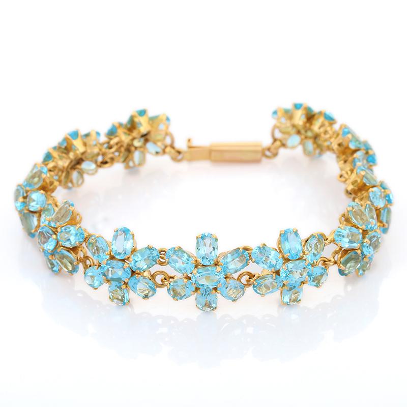 Art Nouveau Style 18k Solid Yellow Gold 38.1 CTW Blue Topaz Flower Bracelet For Sale 2