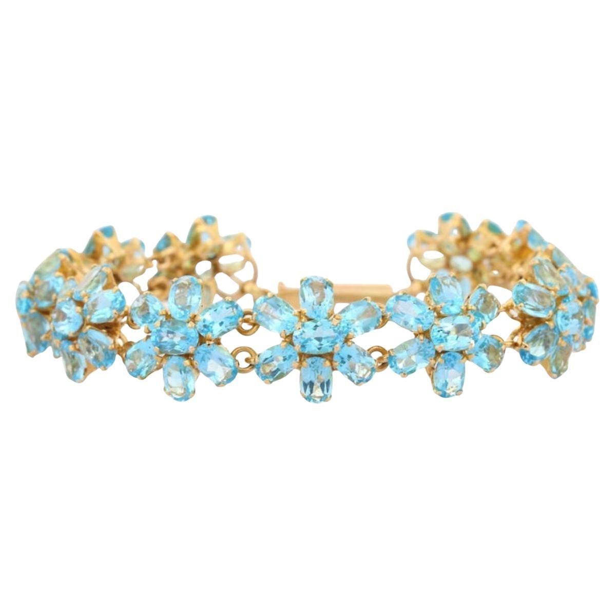 Art Nouveau Style 18k Solid Yellow Gold 38.1 CTW Blue Topaz Flower Bracelet