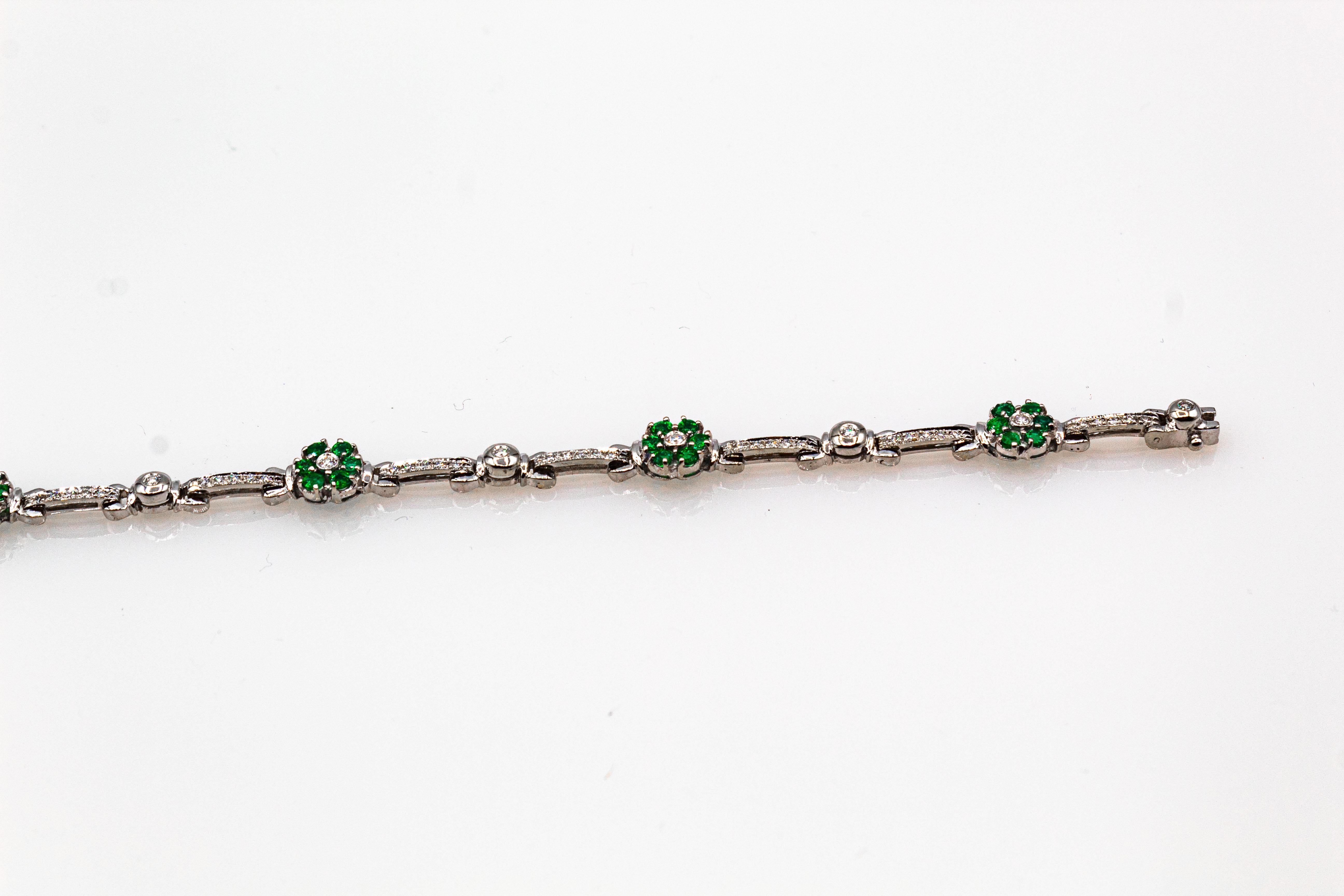 Brilliant Cut Art Nouveau Style 1.90 Carat White Diamond Emerald White Gold Bracelet For Sale