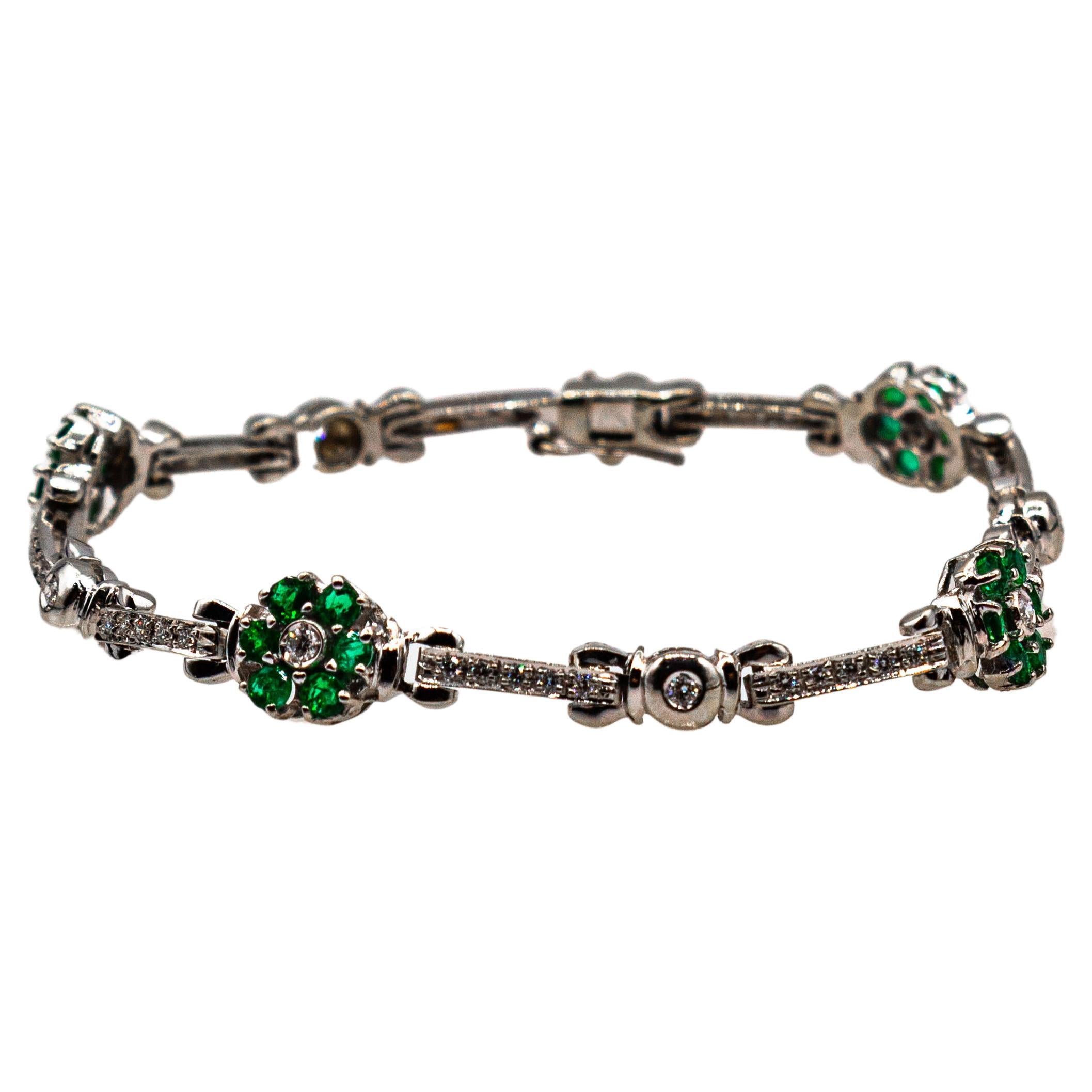 Art Nouveau Style 1.90 Carat White Diamond Emerald White Gold Bracelet For Sale