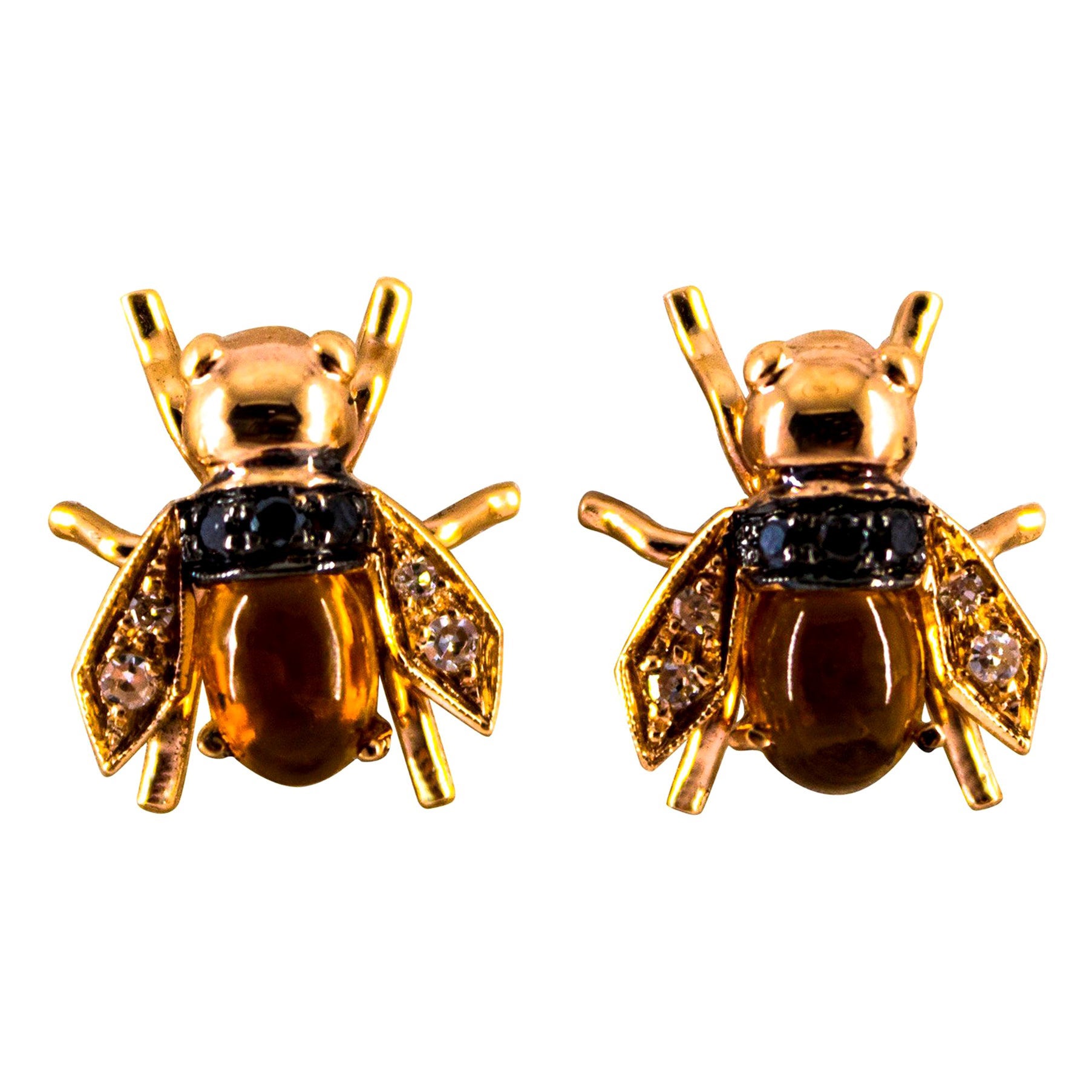 Art Nouveau Style 2.24 Carat Diamond Citrine Yellow Gold Stud "Bees" Earrings For Sale