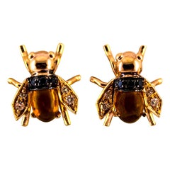 Art Nouveau Style 2.24 Carat Diamond Citrine Yellow Gold Stud "Bees" Earrings