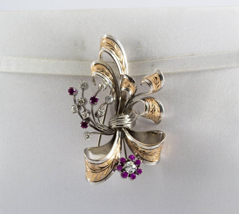 Brilliant Cut Art Nouveau Style 2.30 Carat White Diamond Ruby White Yellow Gold Brooch For Sale