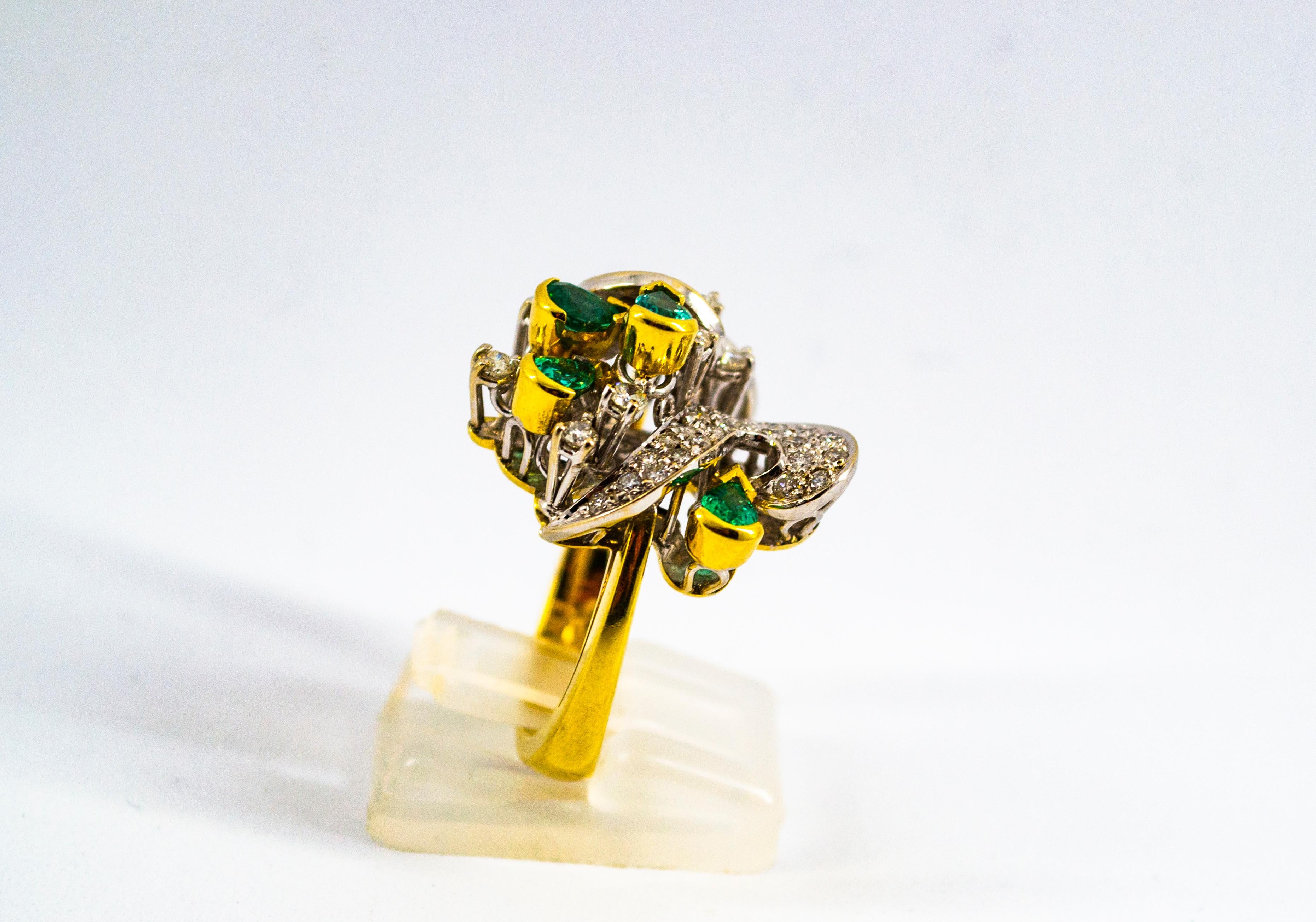  Bague cocktail de style Art nouveau en or jaune avec diamant blanc de 2,50 carats et émeraude Unisexe 