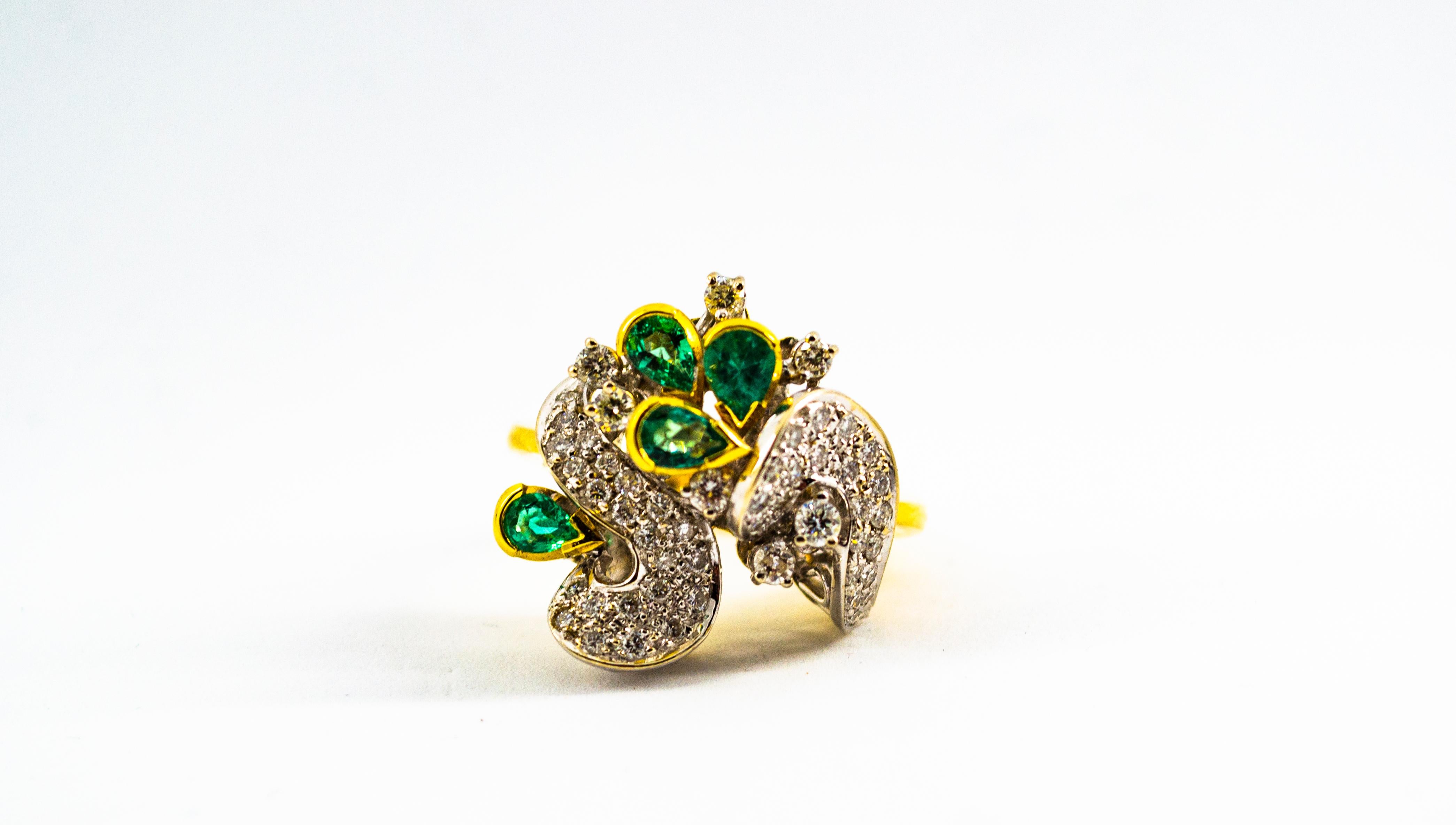 Bague cocktail de style Art nouveau en or jaune avec diamant blanc de 2,50 carats et émeraude 3