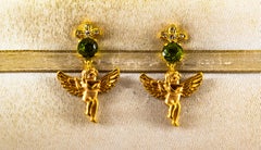 Art Nouveau Style 2.80 Carat White Diamond Peridot Yellow Gold "Angel" Earrings