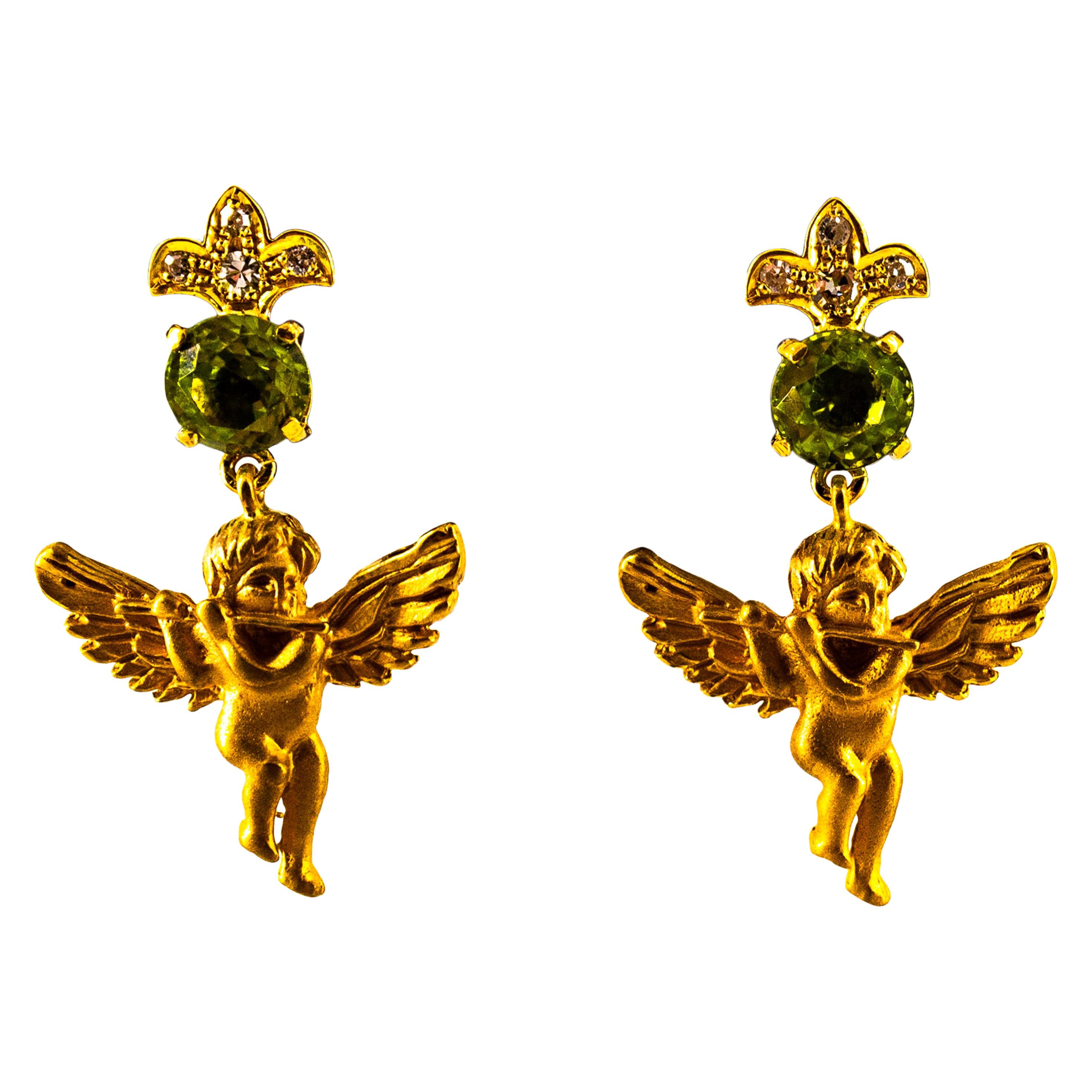 Art Nouveau Style 2.80 Carat White Diamond Peridot Yellow Gold "Angel" Earrings For Sale