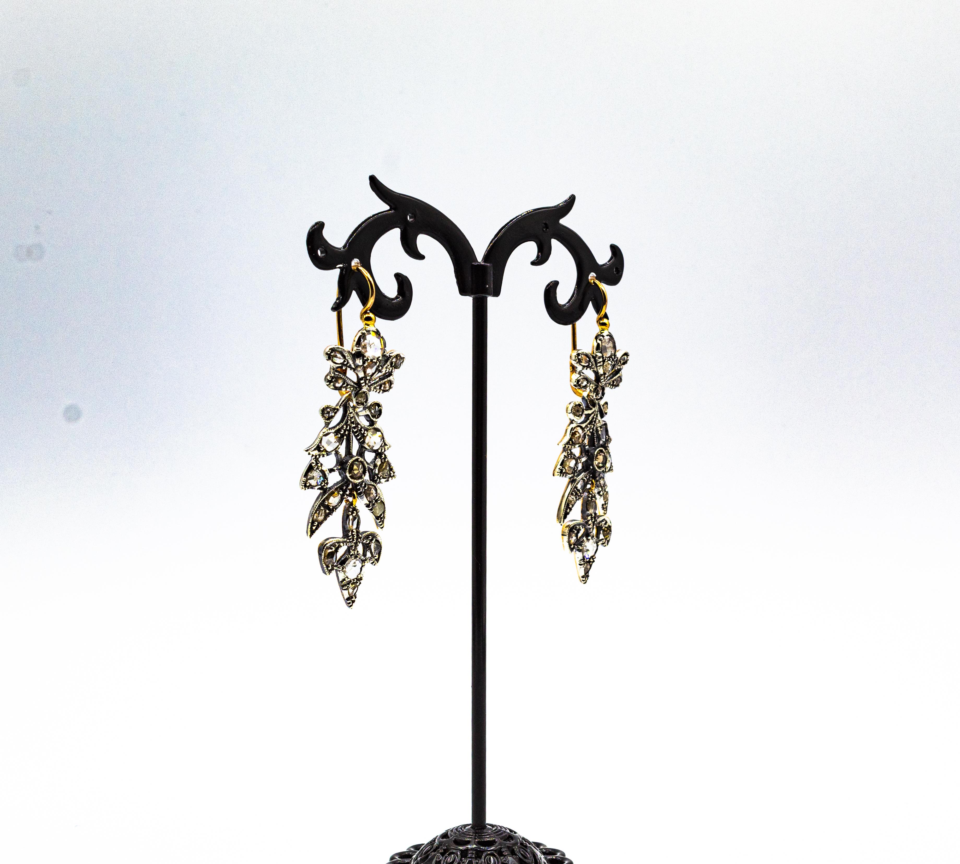 Art Nouveau Style 3.70 Carat White Rose Cut Diamond Yellow Gold Drop Earrings For Sale 6