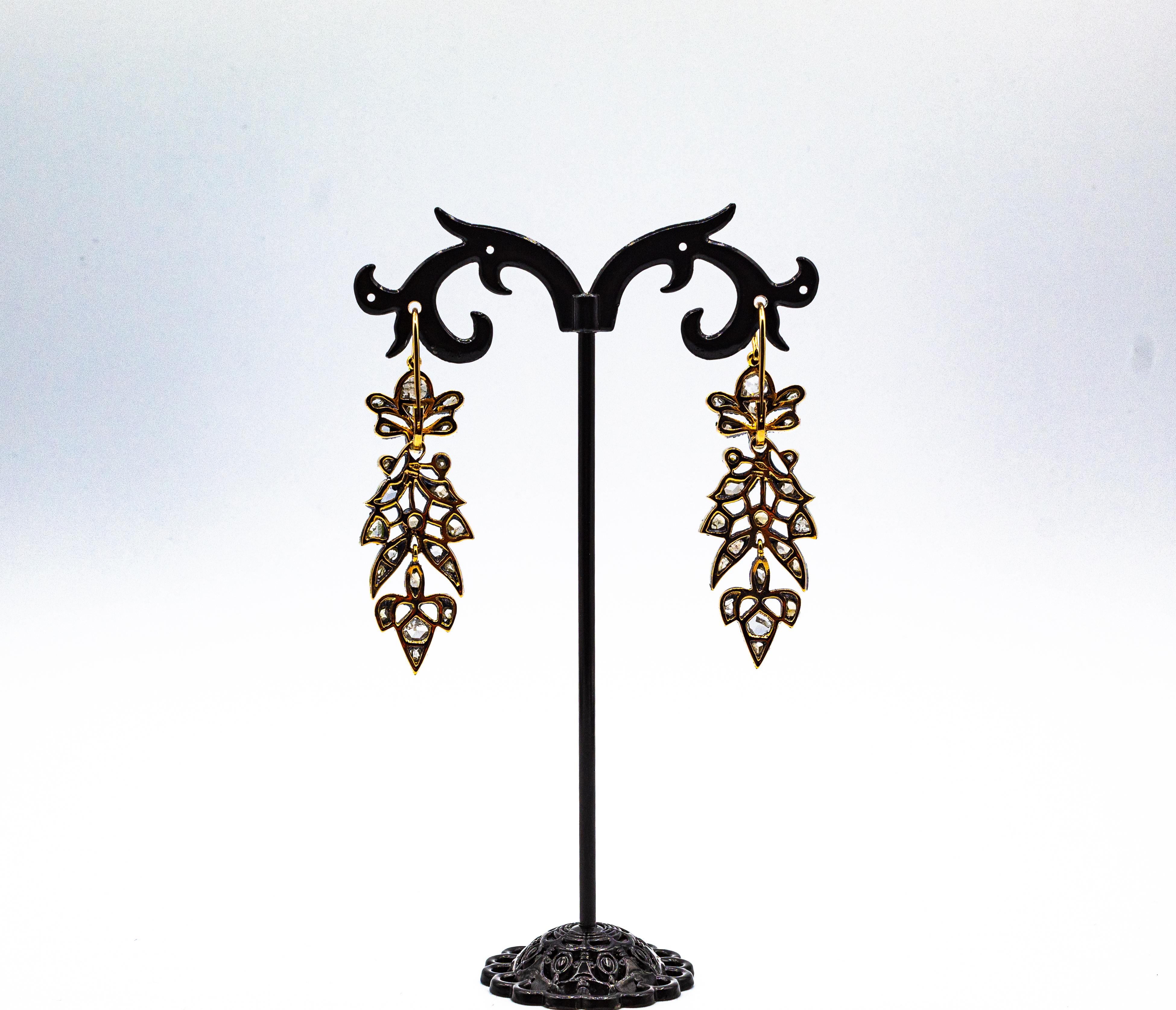 Art Nouveau Style 3.70 Carat White Rose Cut Diamond Yellow Gold Drop Earrings For Sale 7