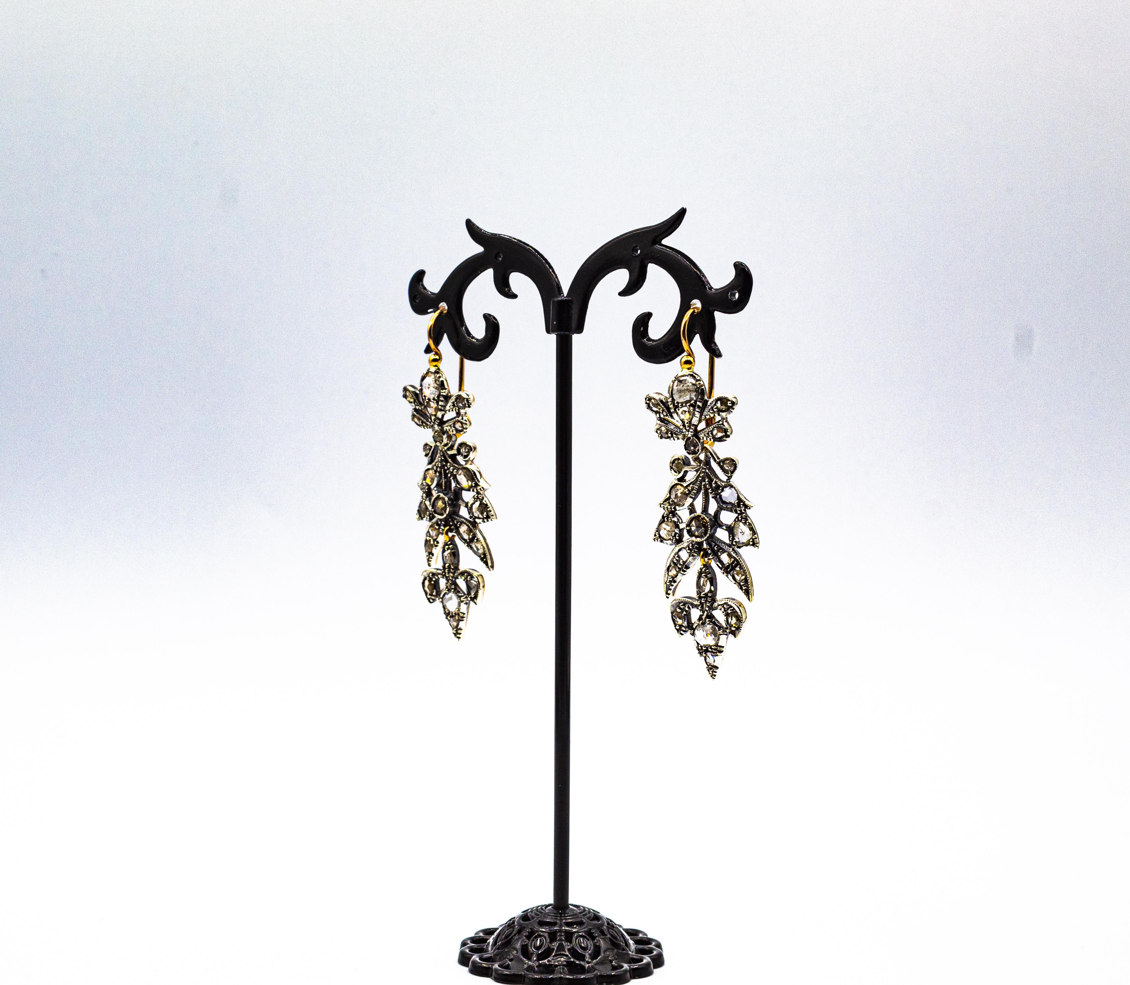 Art Nouveau Style 3.70 Carat White Rose Cut Diamond Yellow Gold Drop Earrings For Sale 8