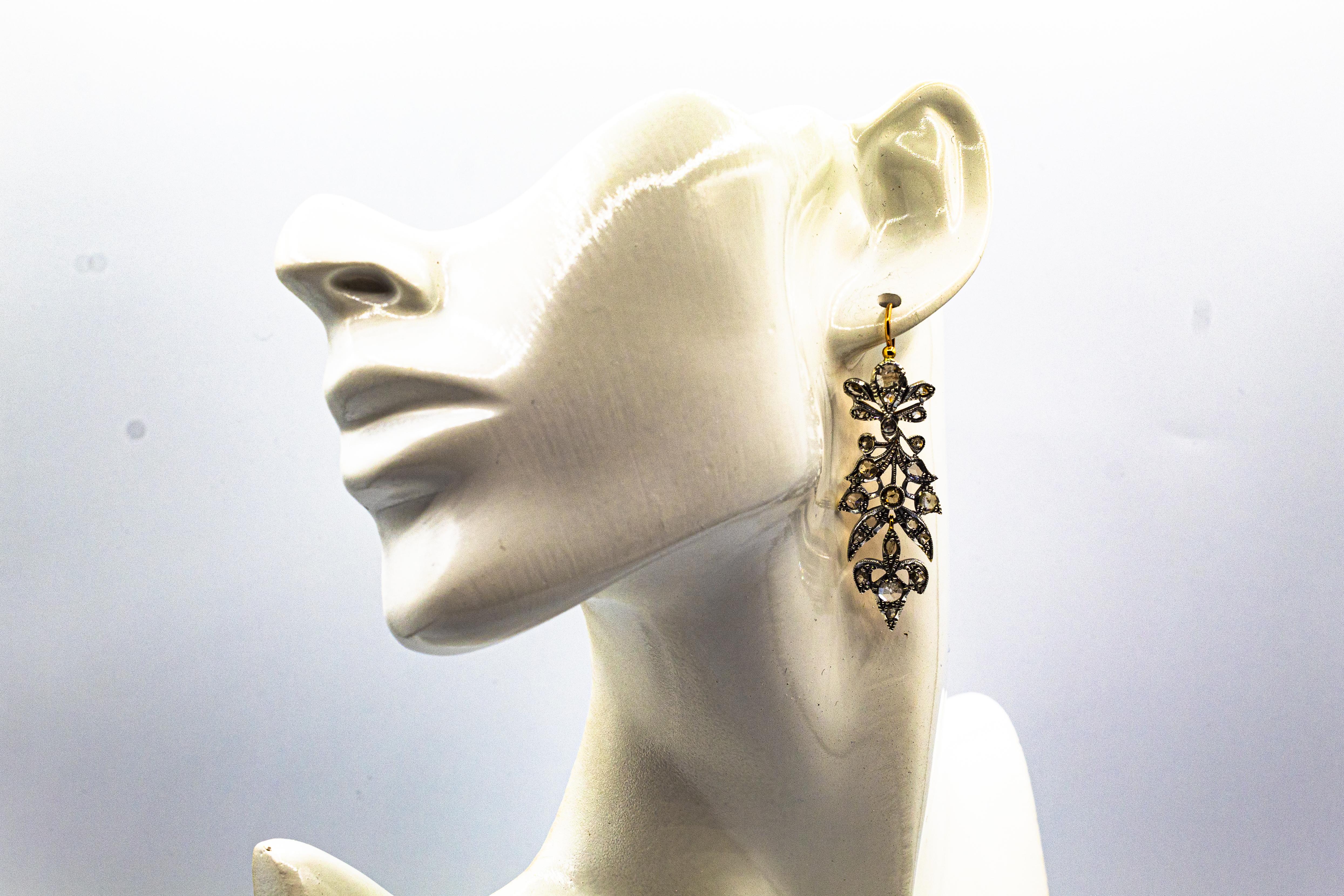 Art Nouveau Style 3.70 Carat White Rose Cut Diamond Yellow Gold Drop Earrings For Sale 9