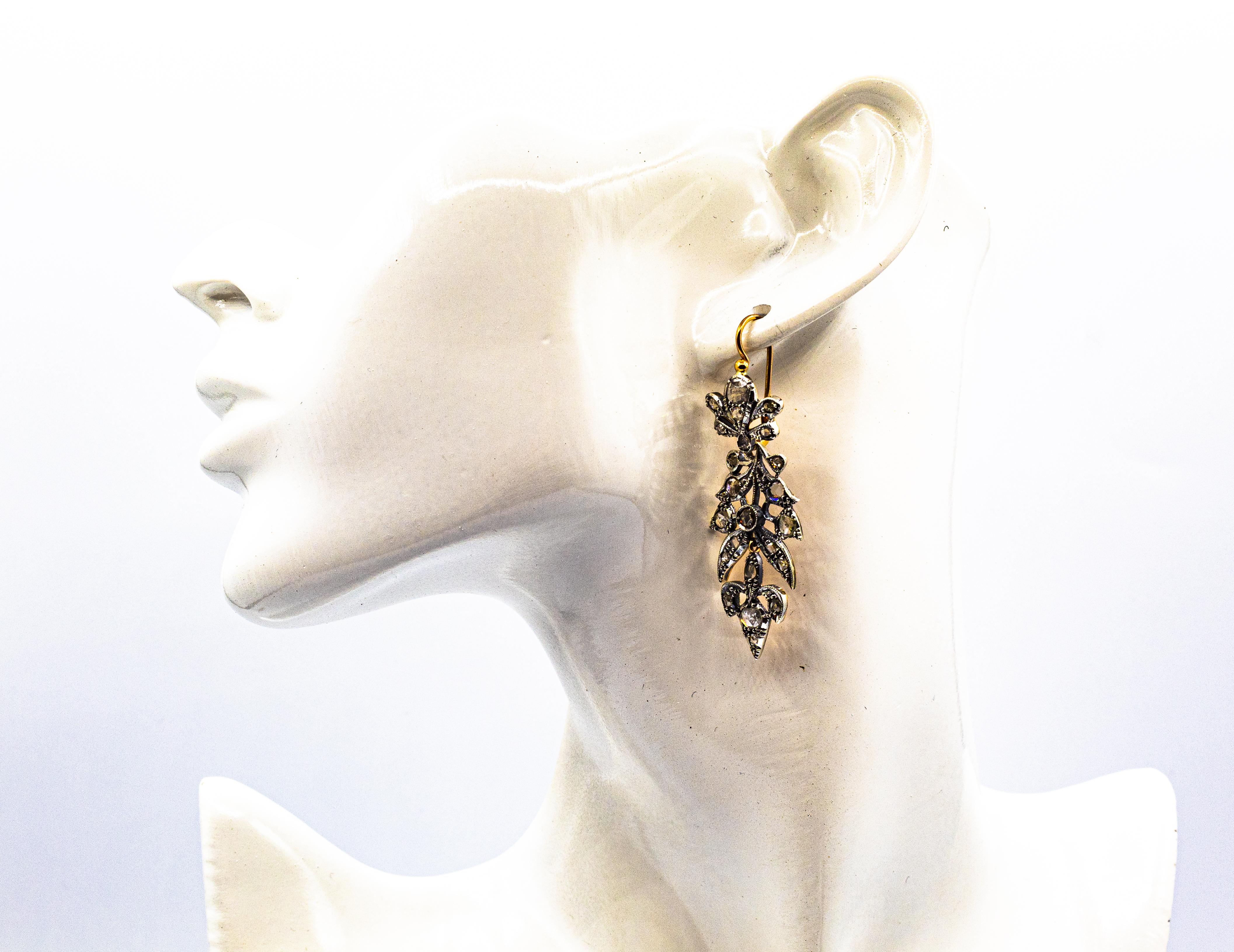 Art Nouveau Style 3.70 Carat White Rose Cut Diamond Yellow Gold Drop Earrings For Sale 10