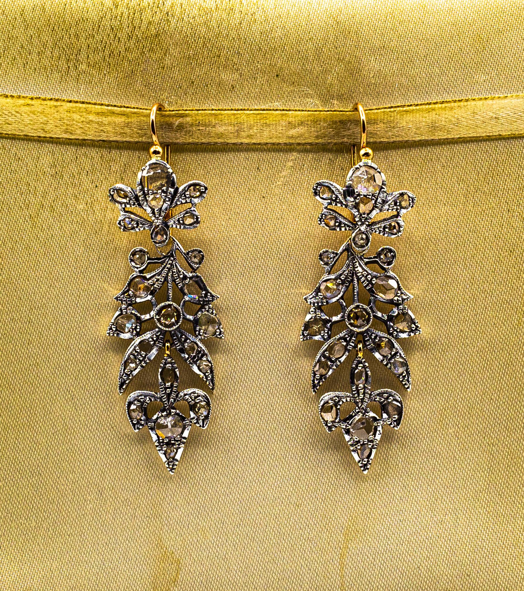These Earrings are made of 9K Yellow Gold and Sterling Silver.
These Earrings have 3.70 Carats of White Rose Cut Diamonds.

All our Earrings have pins for pierced ears but we can change the closure and make any of our Earrings suitable even for