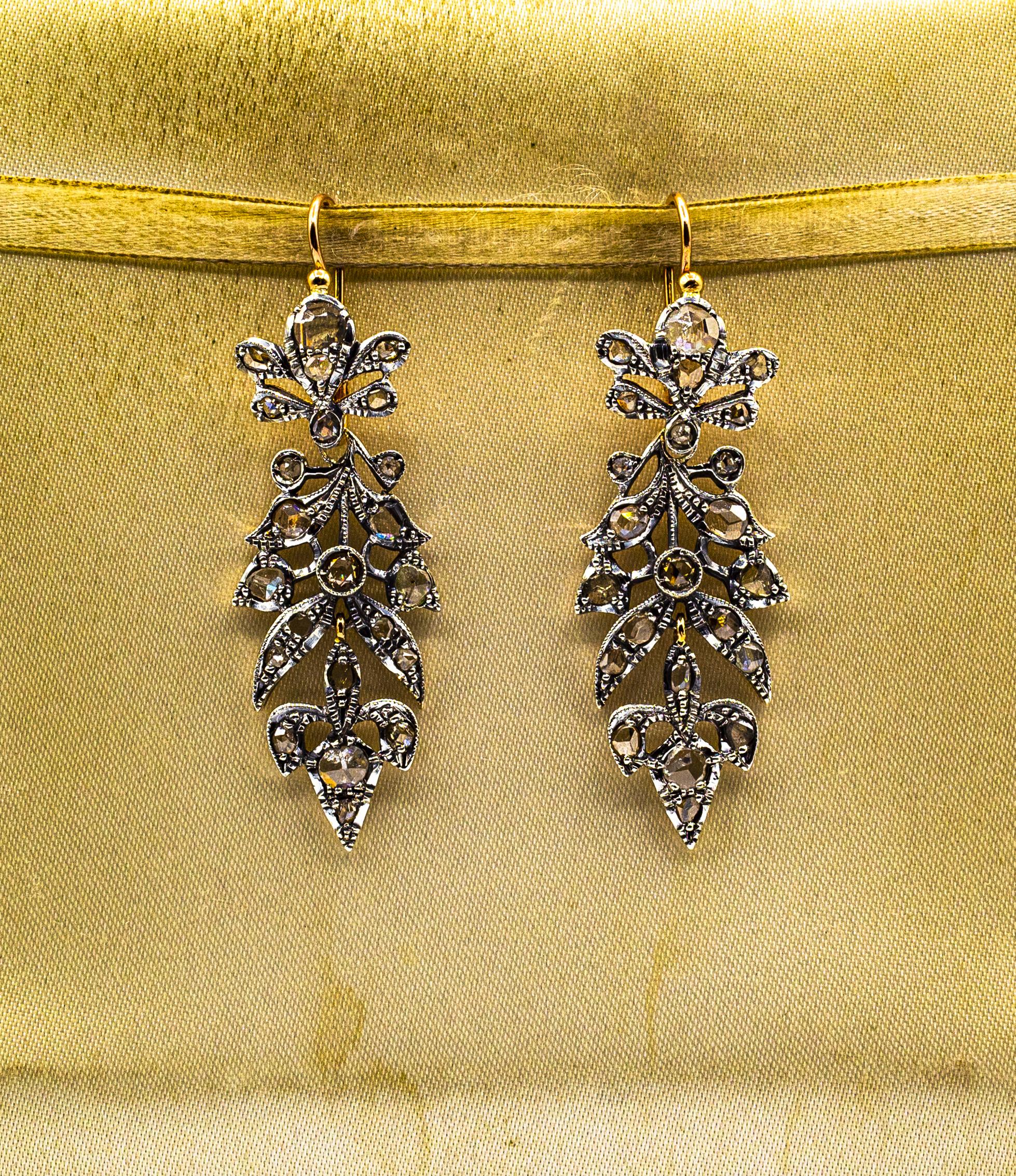 Art Nouveau Style 3.70 Carat White Rose Cut Diamond Yellow Gold Drop Earrings In New Condition For Sale In Naples, IT
