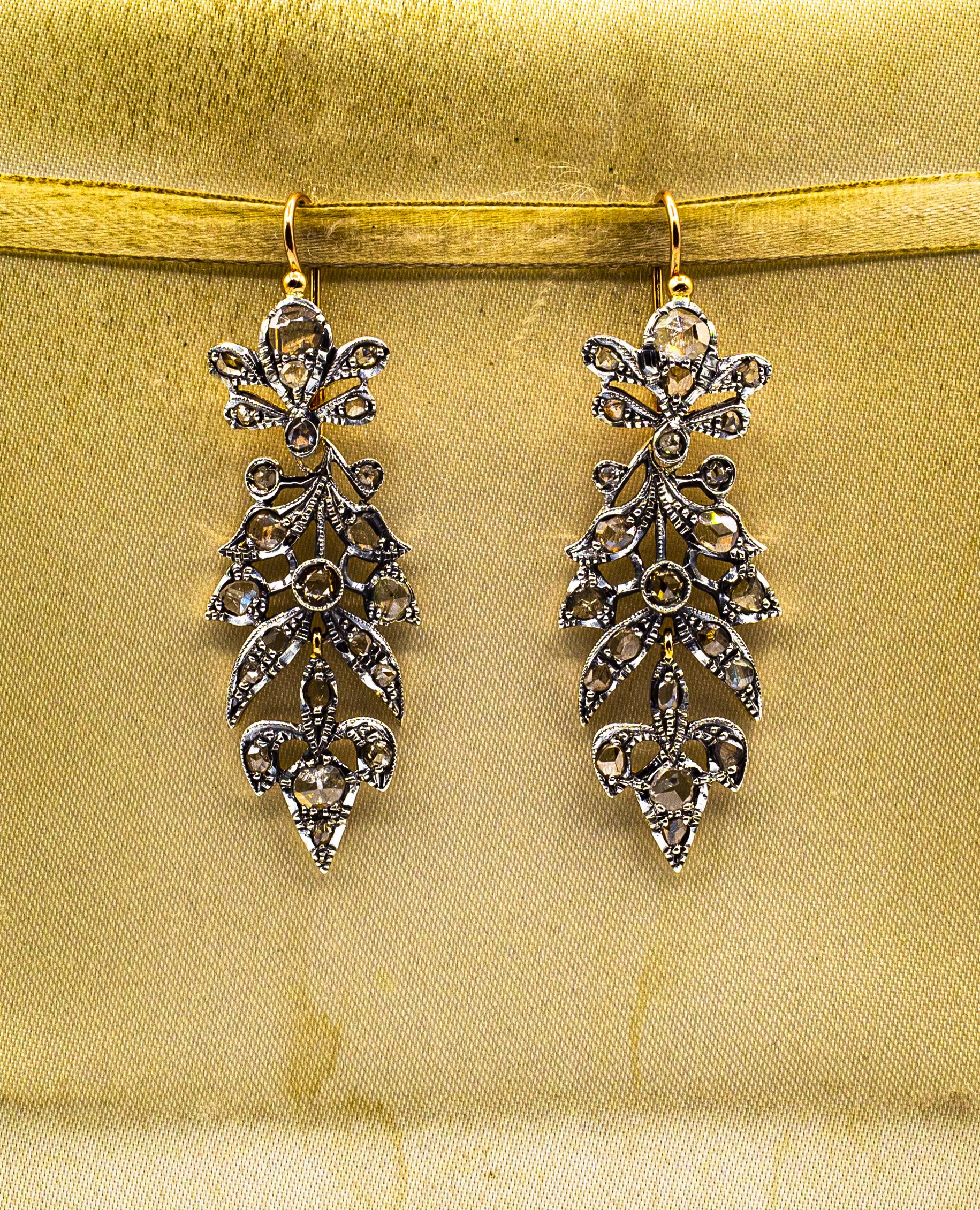 Women's or Men's Art Nouveau Style 3.70 Carat White Rose Cut Diamond Yellow Gold Drop Earrings For Sale
