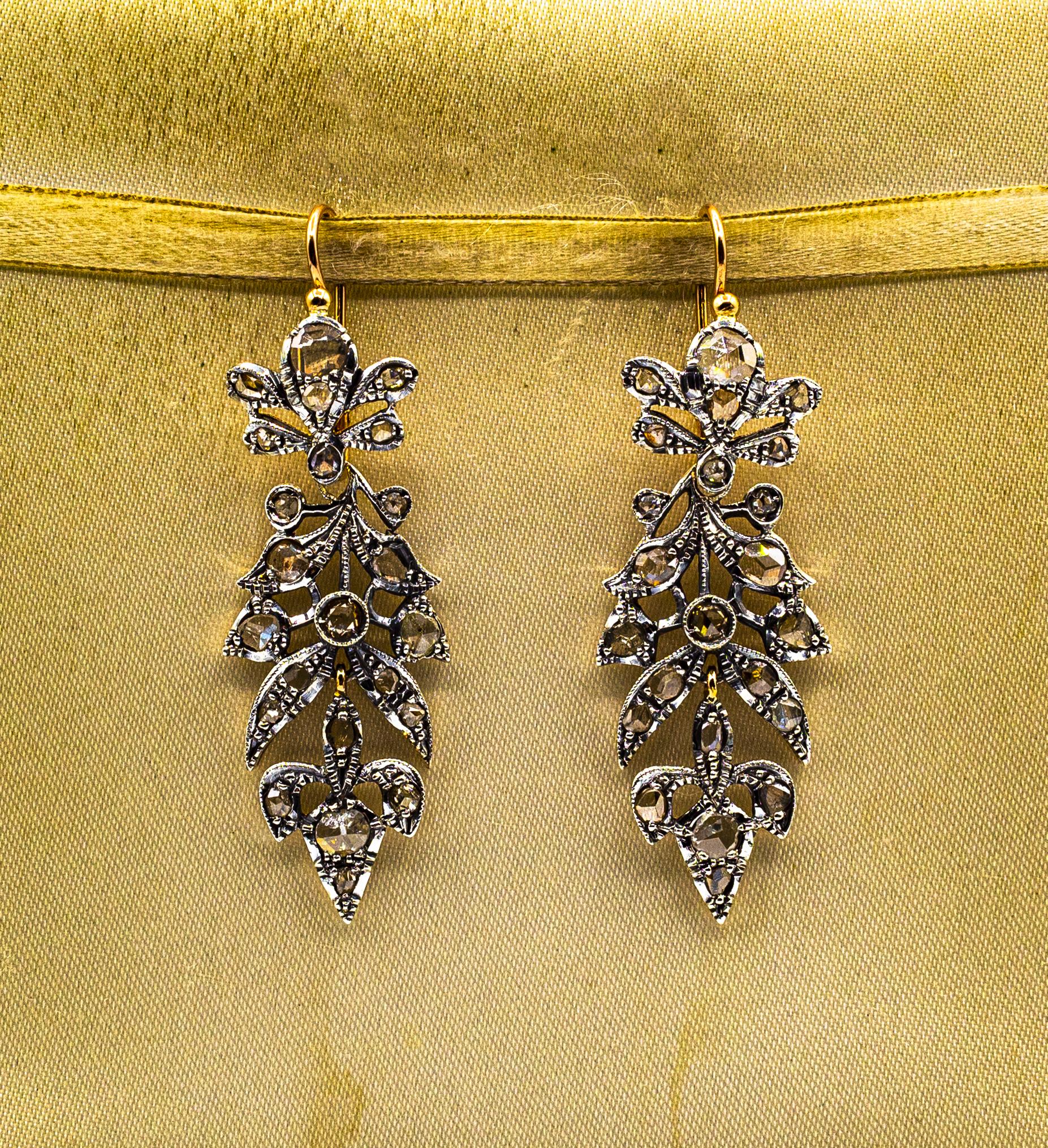 Art Nouveau Style 3.70 Carat White Rose Cut Diamond Yellow Gold Drop Earrings For Sale 1