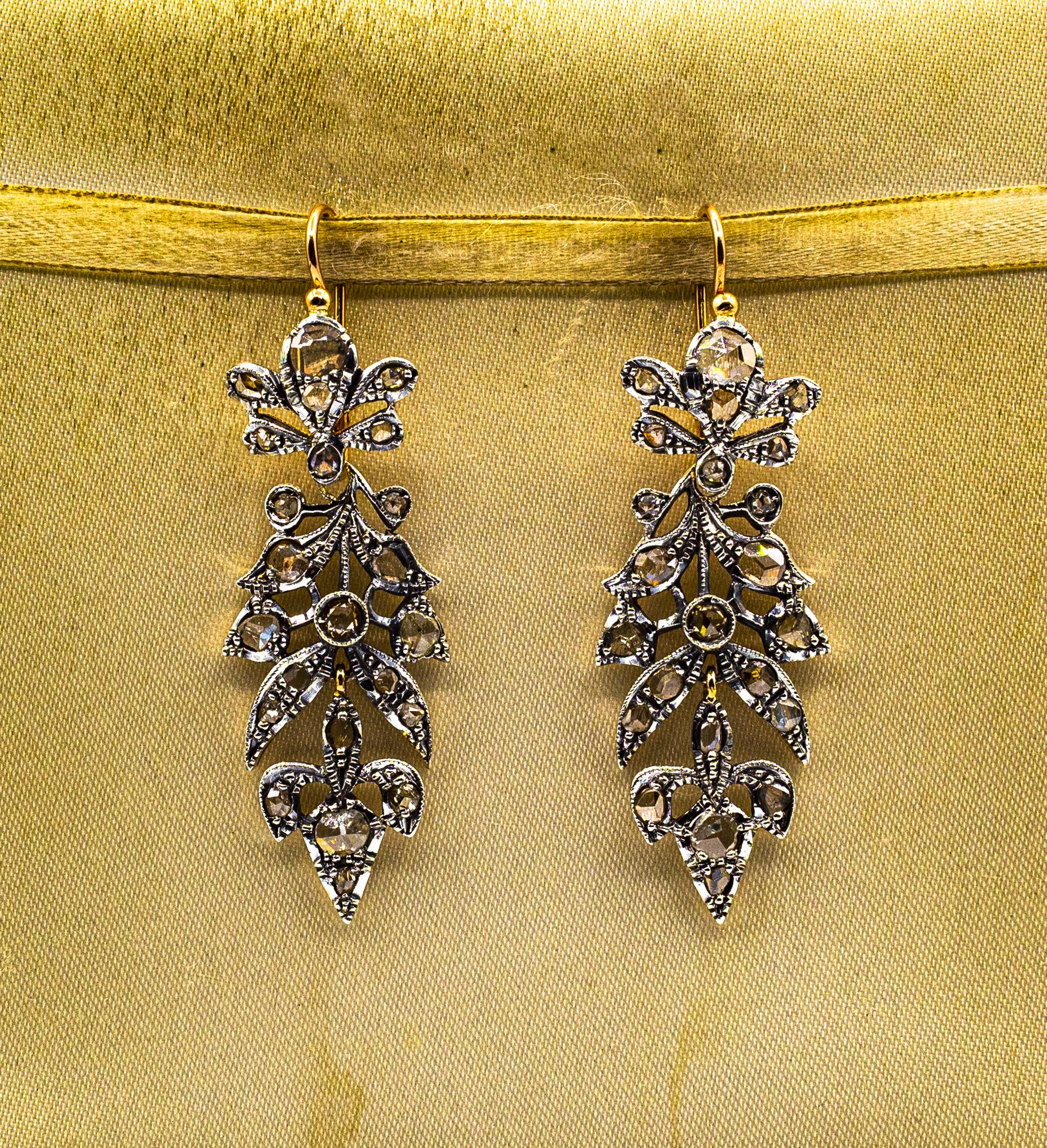 Boucles d'oreilles en goutte de style Art nouveau en or jaune avec diamants blancs taille rose de 3,70 carats Unisexe en vente