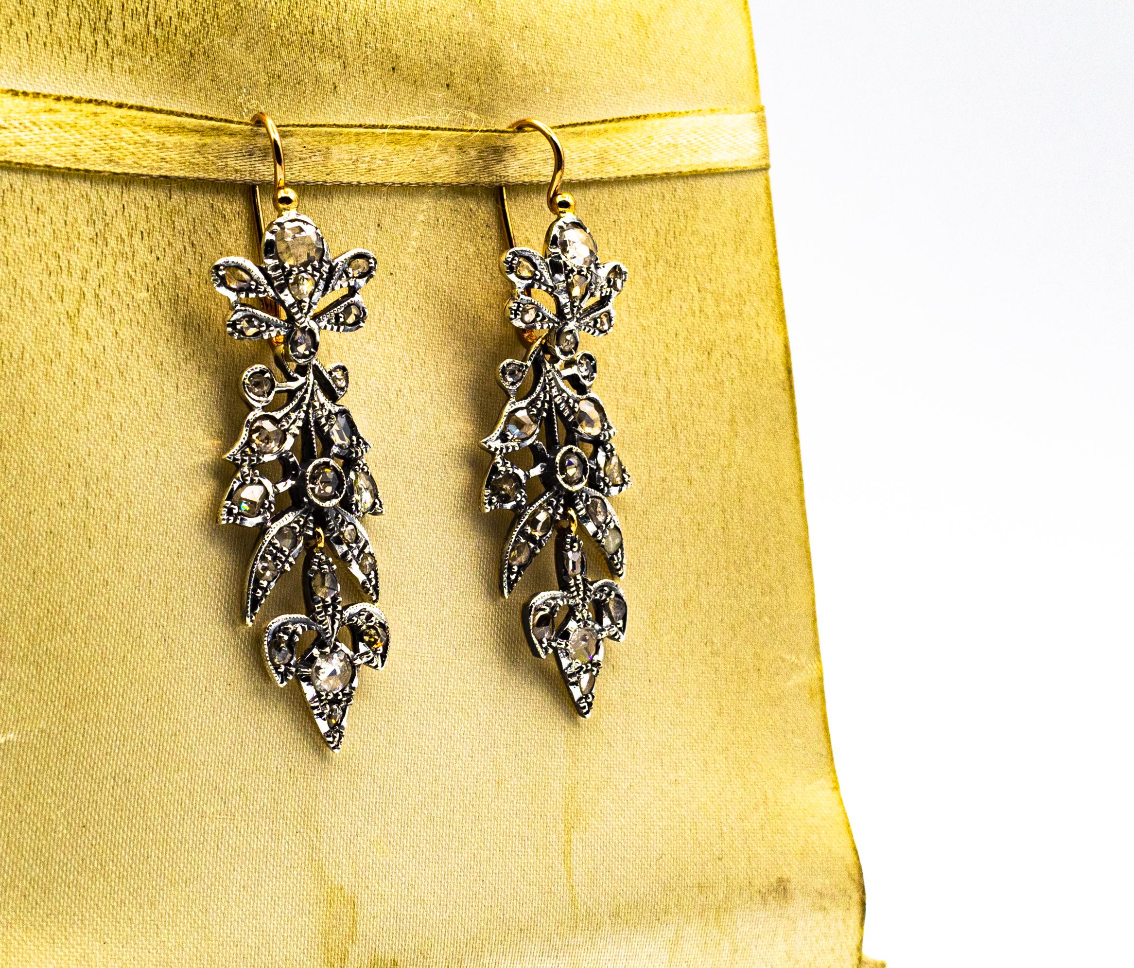 Art Nouveau Style 3.70 Carat White Rose Cut Diamond Yellow Gold Drop Earrings For Sale 2