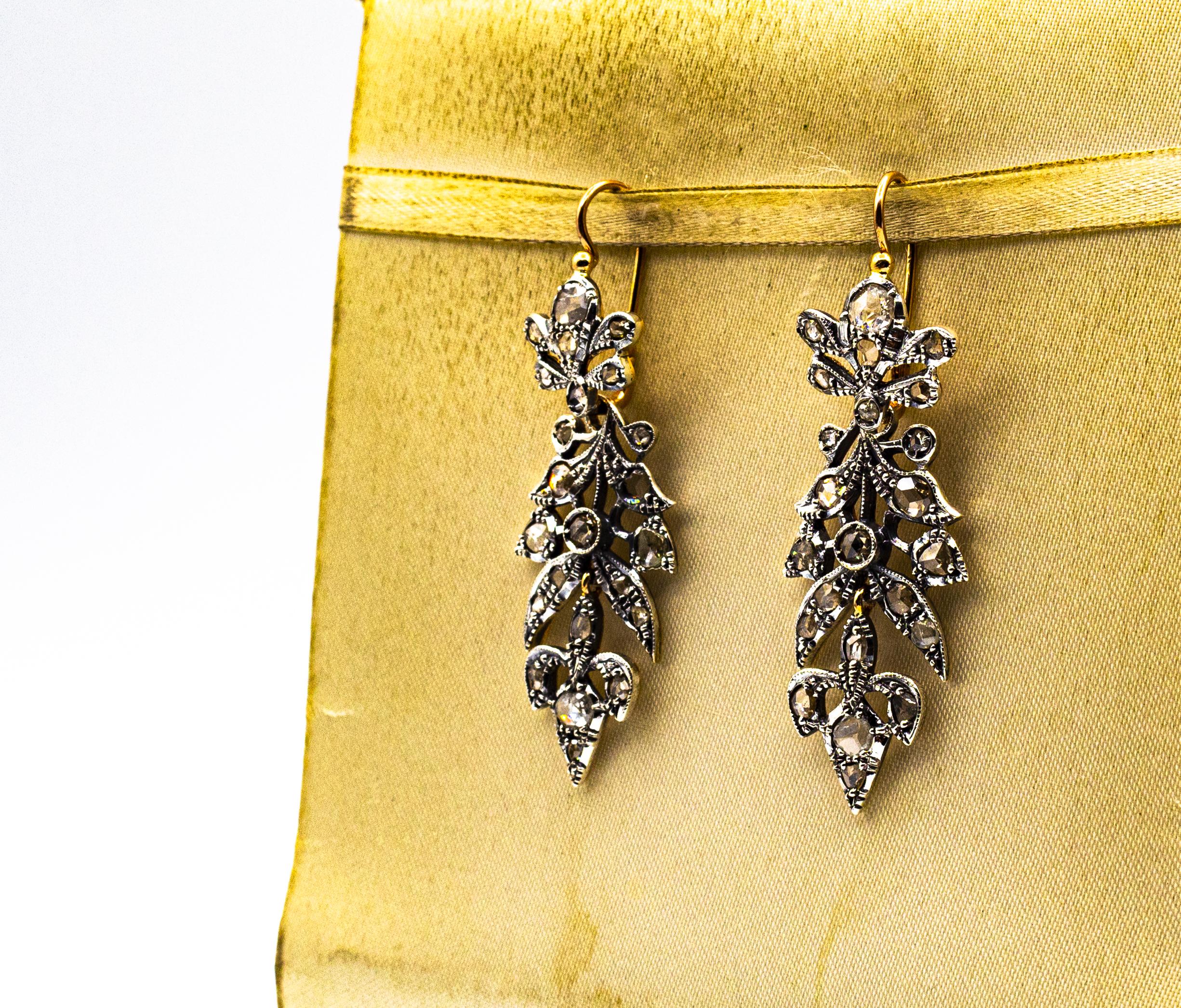 Art Nouveau Style 3.70 Carat White Rose Cut Diamond Yellow Gold Drop Earrings For Sale 3