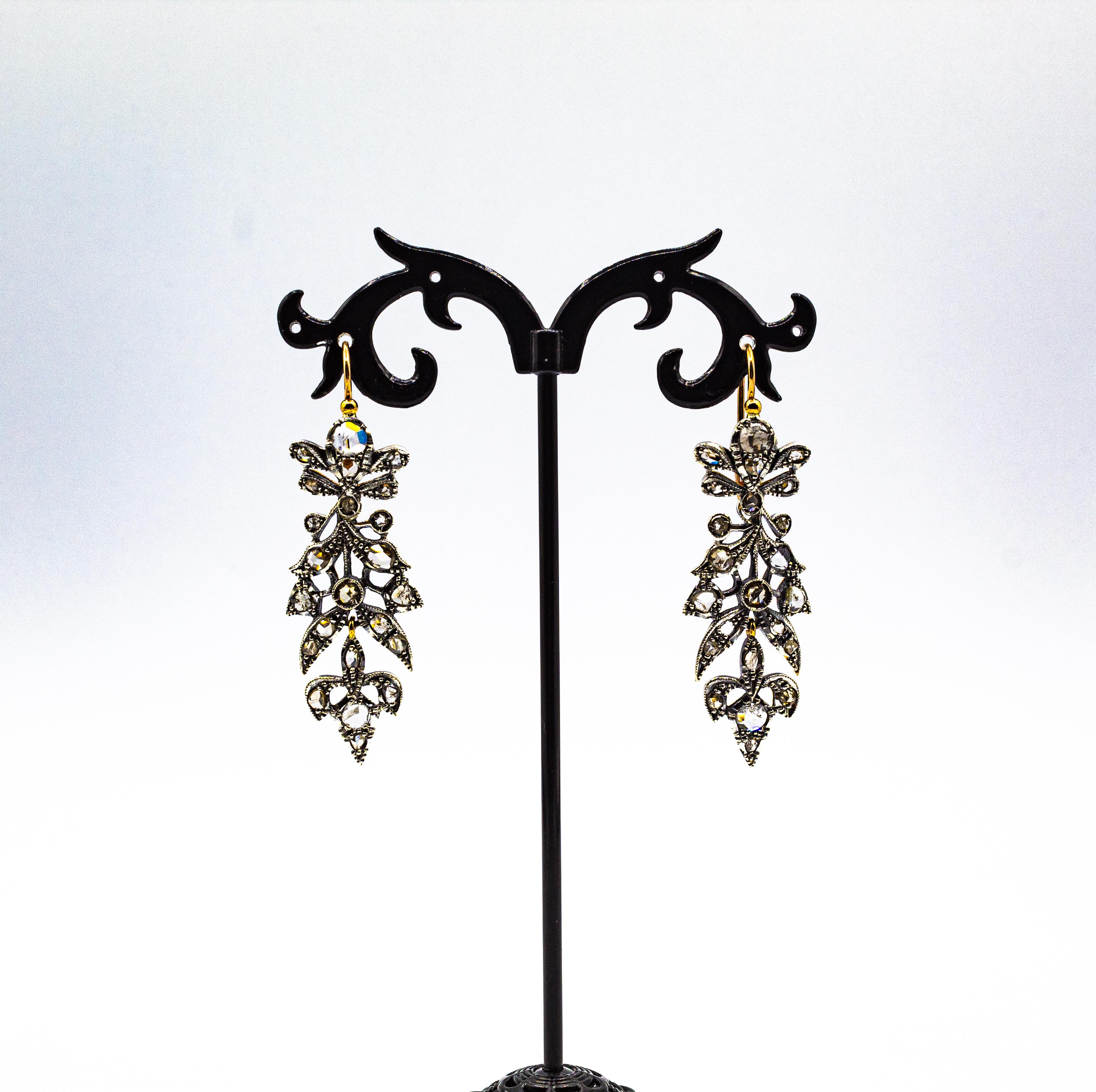 Art Nouveau Style 3.70 Carat White Rose Cut Diamond Yellow Gold Drop Earrings For Sale 4