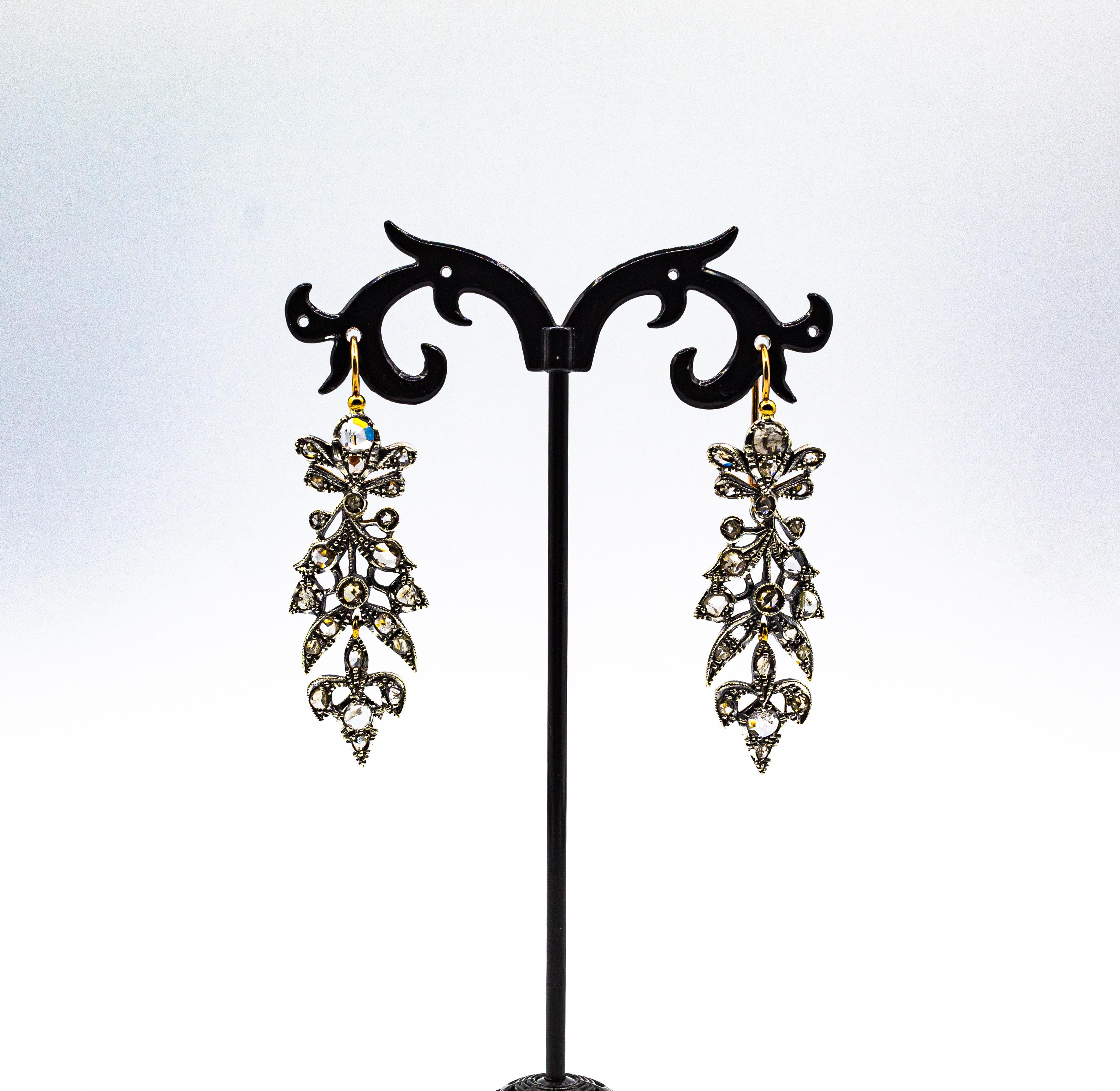 Art Nouveau Style 3.70 Carat White Rose Cut Diamond Yellow Gold Drop Earrings For Sale 5