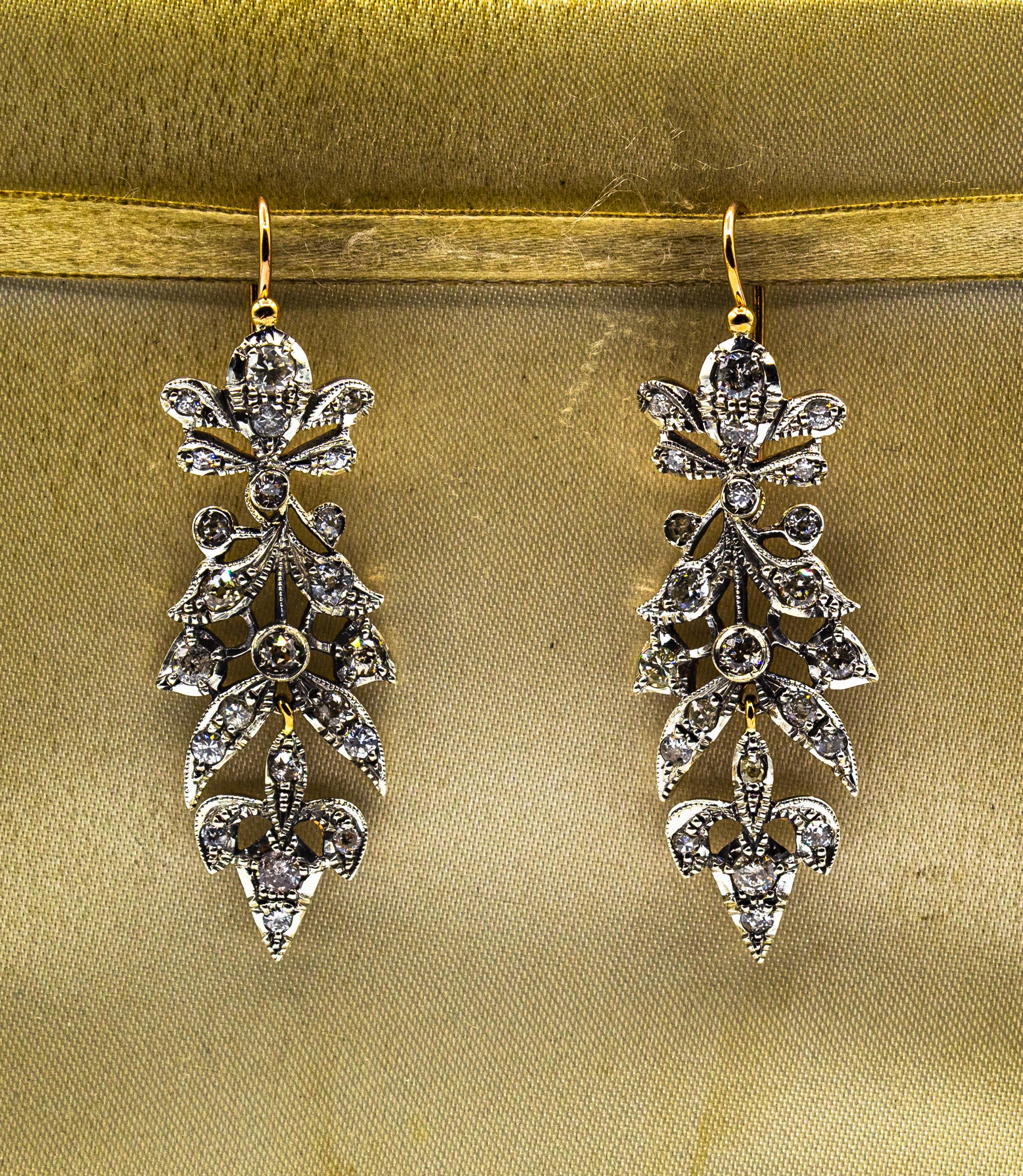 Art Nouveau Style 4.14 Carat White Brilliant Cut Diamond Yellow Gold Earrings In New Condition For Sale In Naples, IT