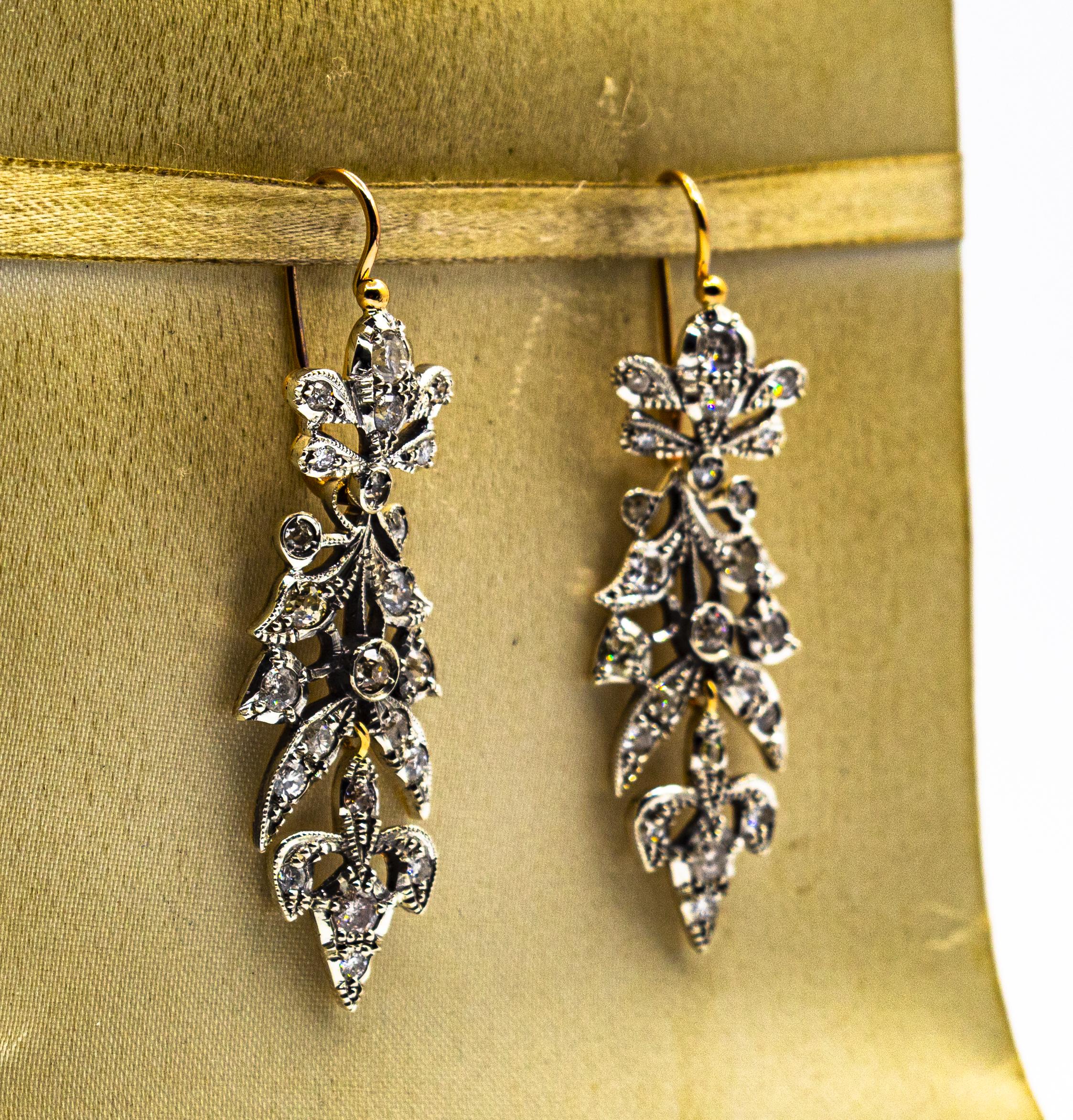 Women's or Men's Art Nouveau Style 4.14 Carat White Brilliant Cut Diamond Yellow Gold Earrings For Sale