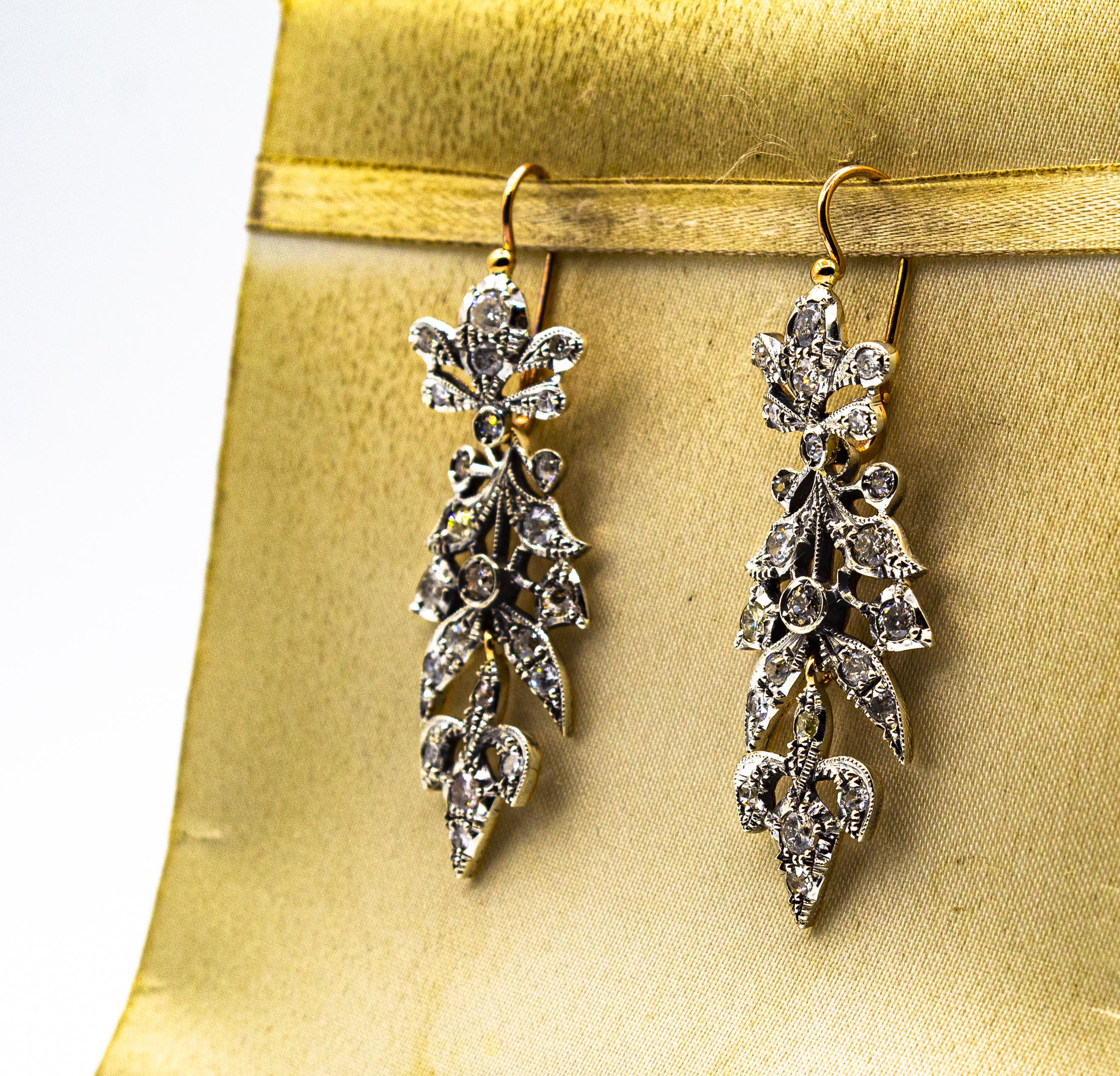 Art Nouveau Style 4.14 Carat White Brilliant Cut Diamond Yellow Gold Earrings For Sale 1