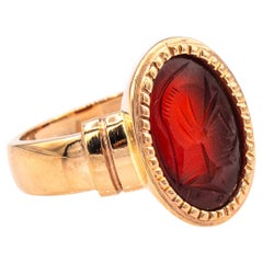 Art Nouveau Style 4.20 Carats Carved Red Carnelian Yellow Gold Cocktail Ring