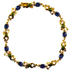 Art Nouveau Style 4.50 Carat Blue Sapphire Enamel Yellow Gold "Frog" Bracelet