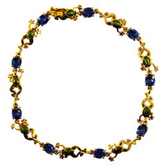 Vintage Art Nouveau Style 4.50 Carat Blue Sapphire Enamel Yellow Gold "Frog" Bracelet