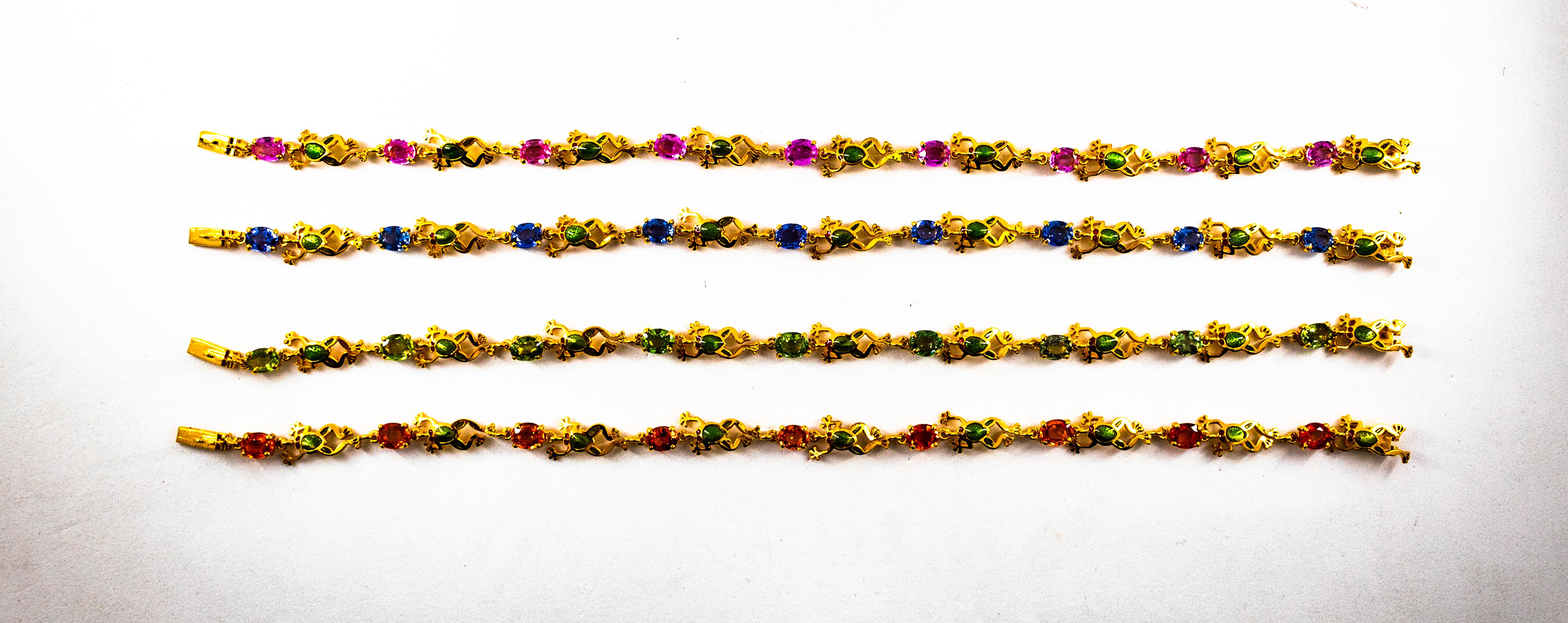 This Bracelet is made of 9K Yellow Gold.
This Bracelet has 4.50 Carats of Yellow Oval Cut Sapphires.
This Bracelet has Enamel.

This Bracelet is available also with a Blue, Pink or Green Sapphires or Peridots.
This Bracelet is available also in 9,