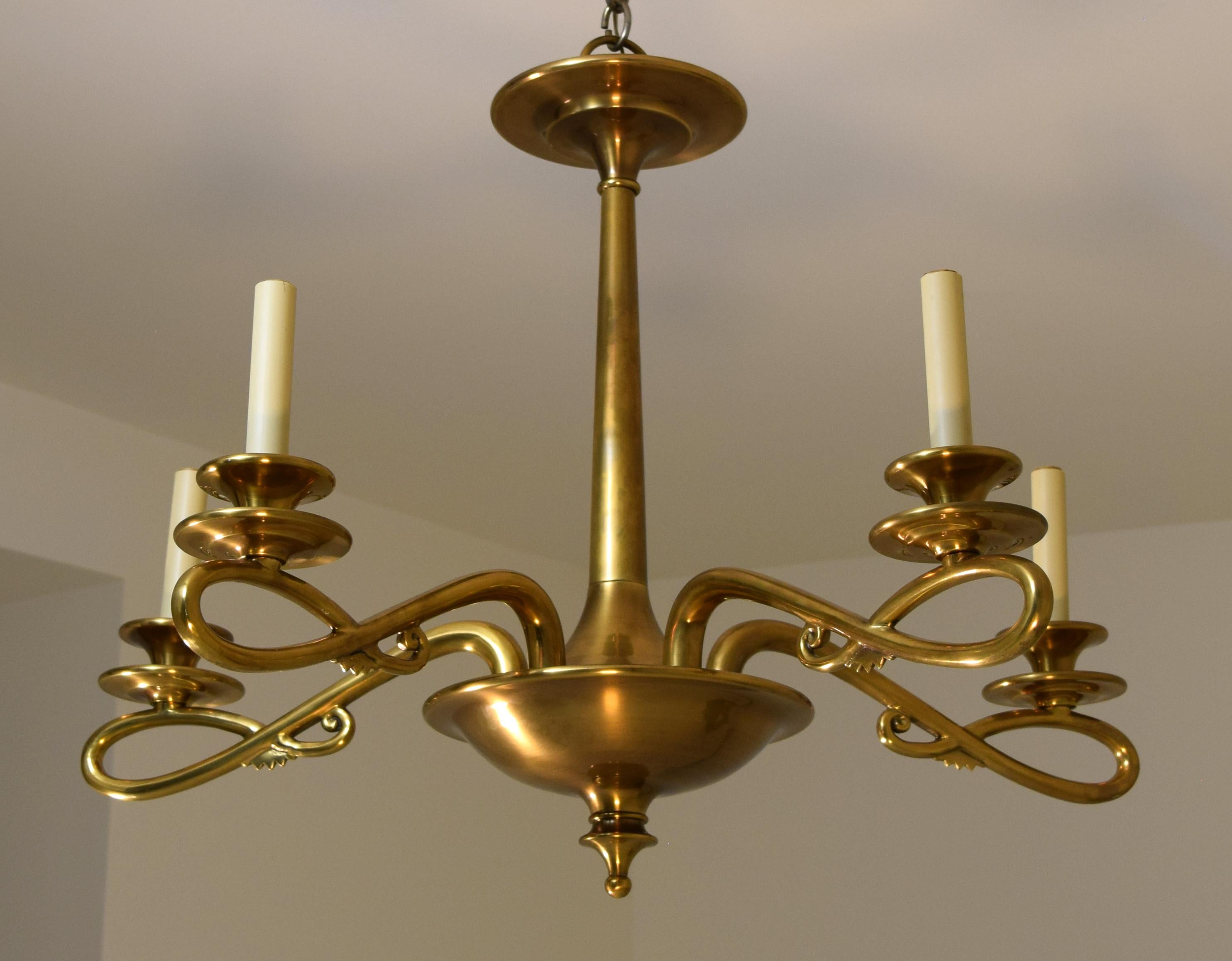 Art Nouveau Style 5-Arm Brass Chandelier 6