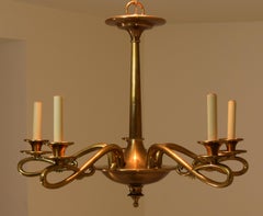 Art Nouveau Style 5-Arm Brass Chandelier
