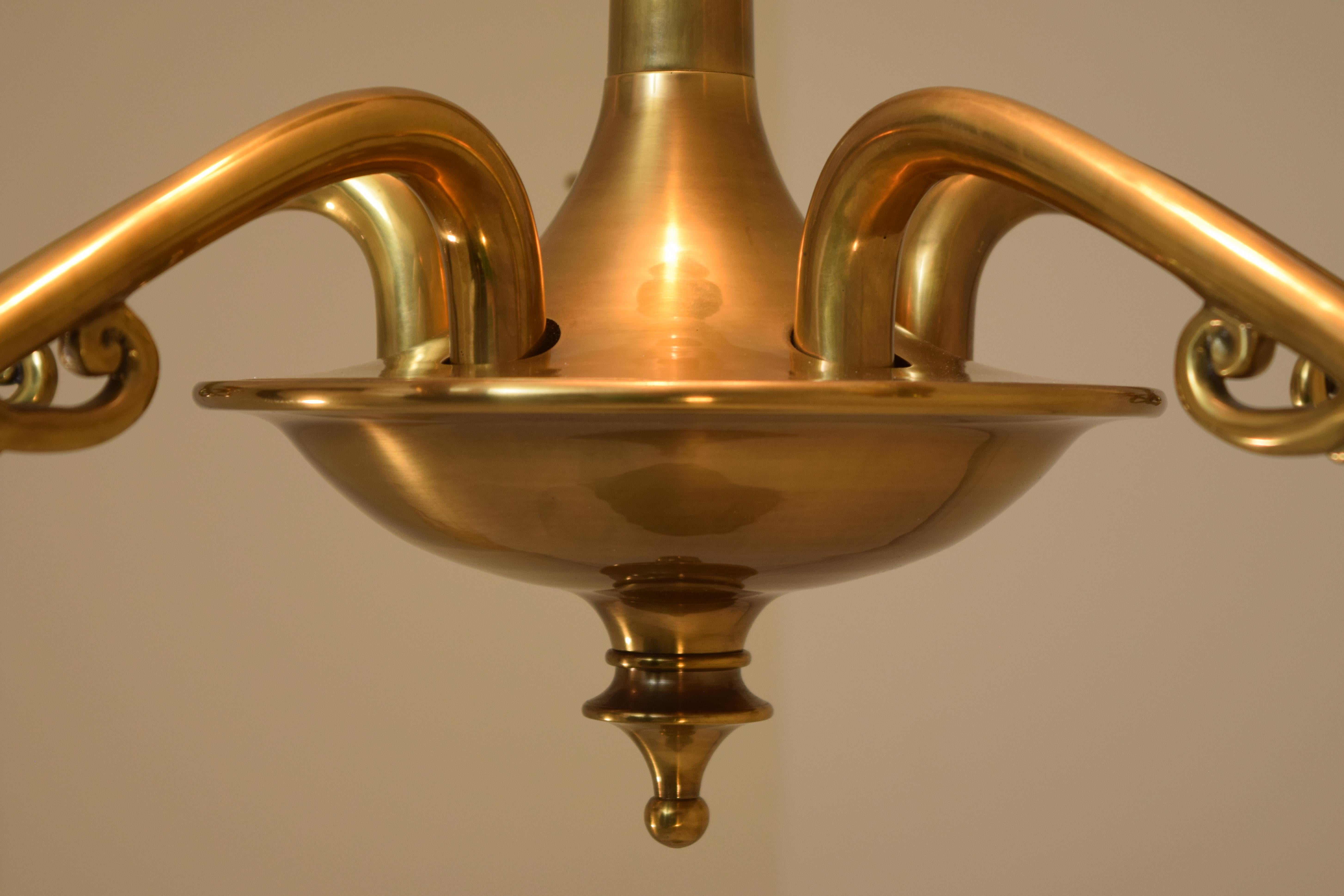 20th Century Art Nouveau Style 5-Arm Brass Chandelier